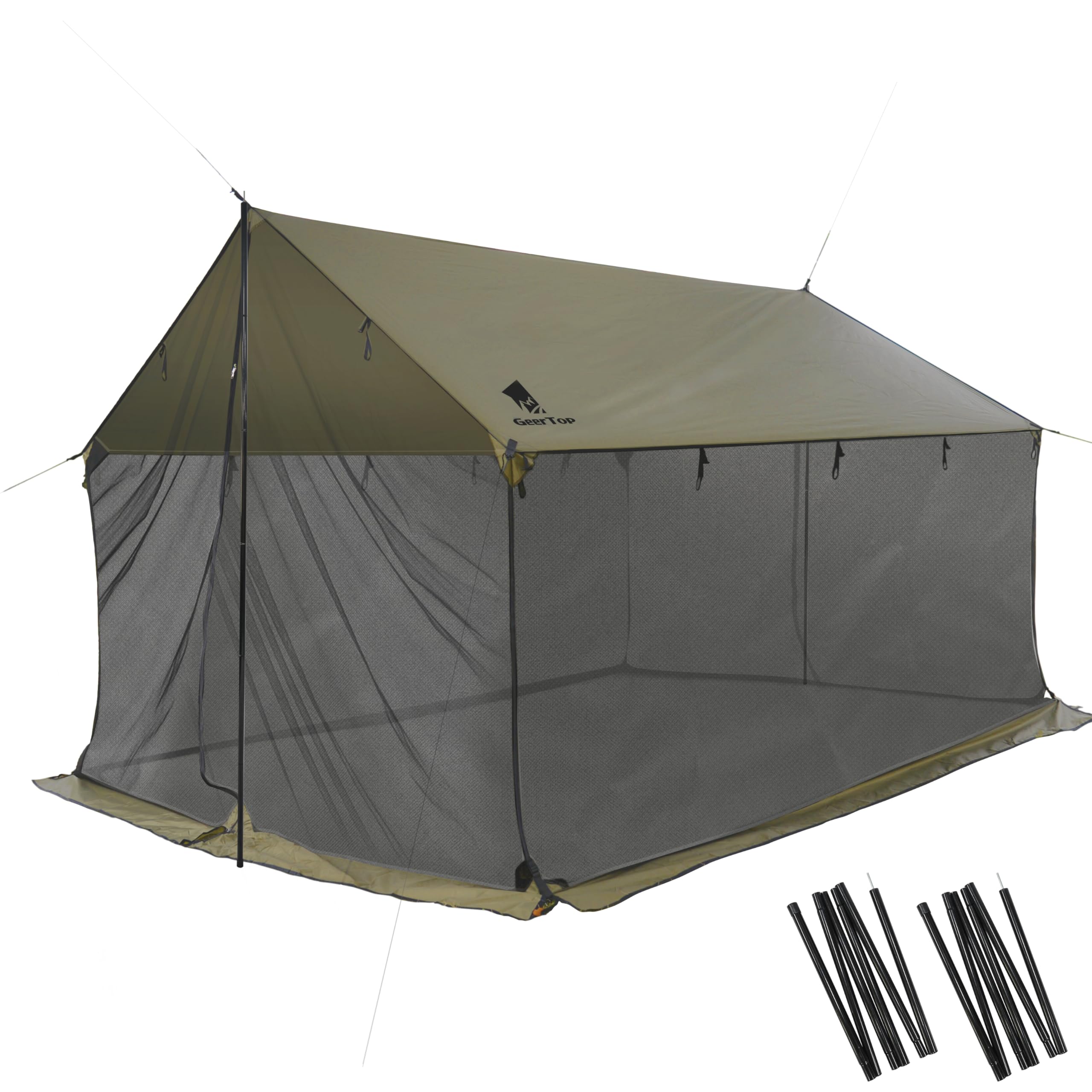 楽天湖南オンラインGeer Top タープ メッシュ蚊帳付き ハンモック泊 防水 日よけ 遮熱 通気 蚊を防ぐ アウトドア キャンプ テント泊 家族旅行 公園 観戦 釣り ポール付き