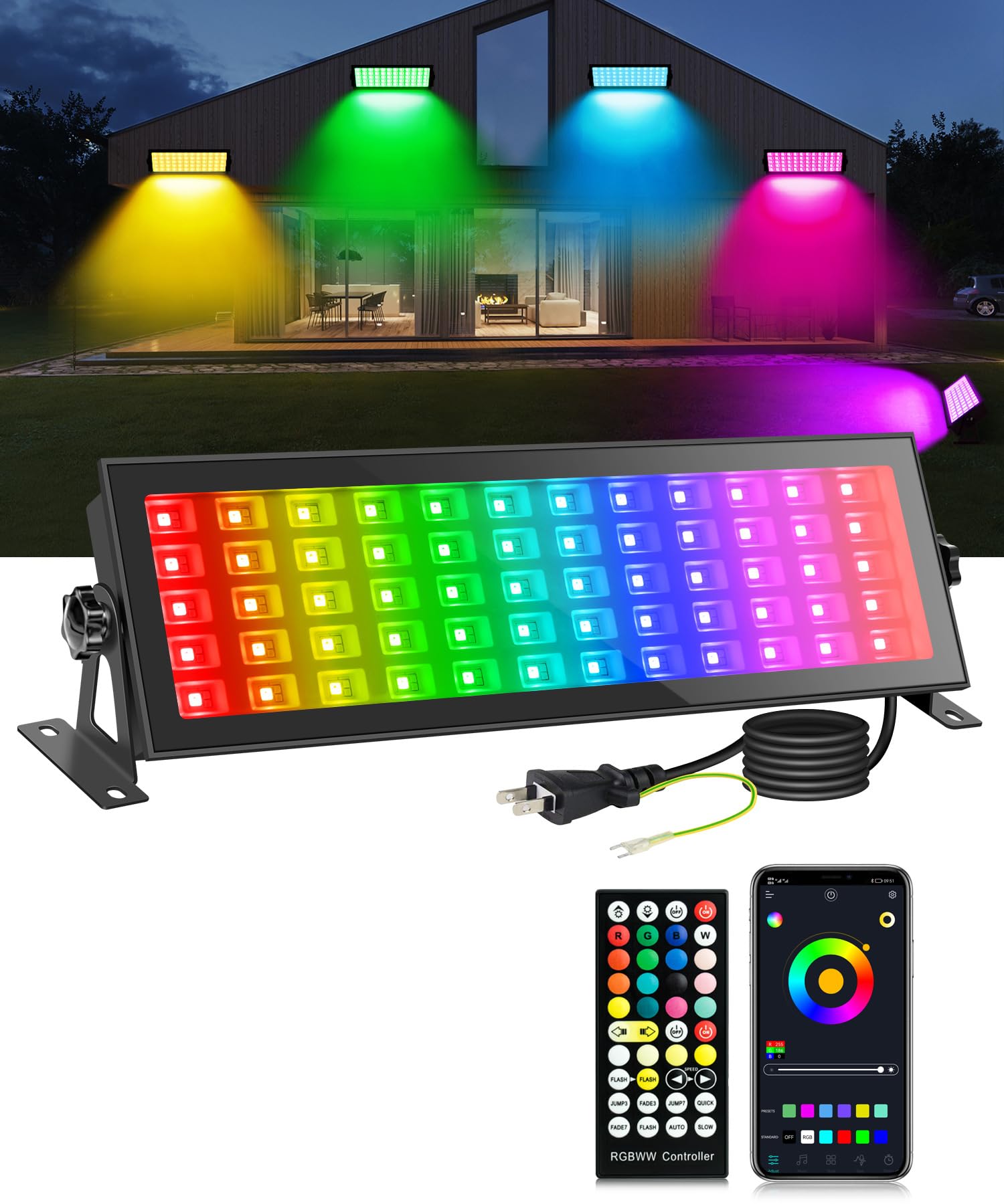 乐天商城 - 120W RGB 投光器フラッドライト、180 個の LED を搭載した RGBCW スマートステージウォッシュライトバー、リモコンとアプリ制御が可能で、IP66 防水仕様の RGB カラーチェンジング DJ ライトバー, 庭のパーティー、イベント、祭り、