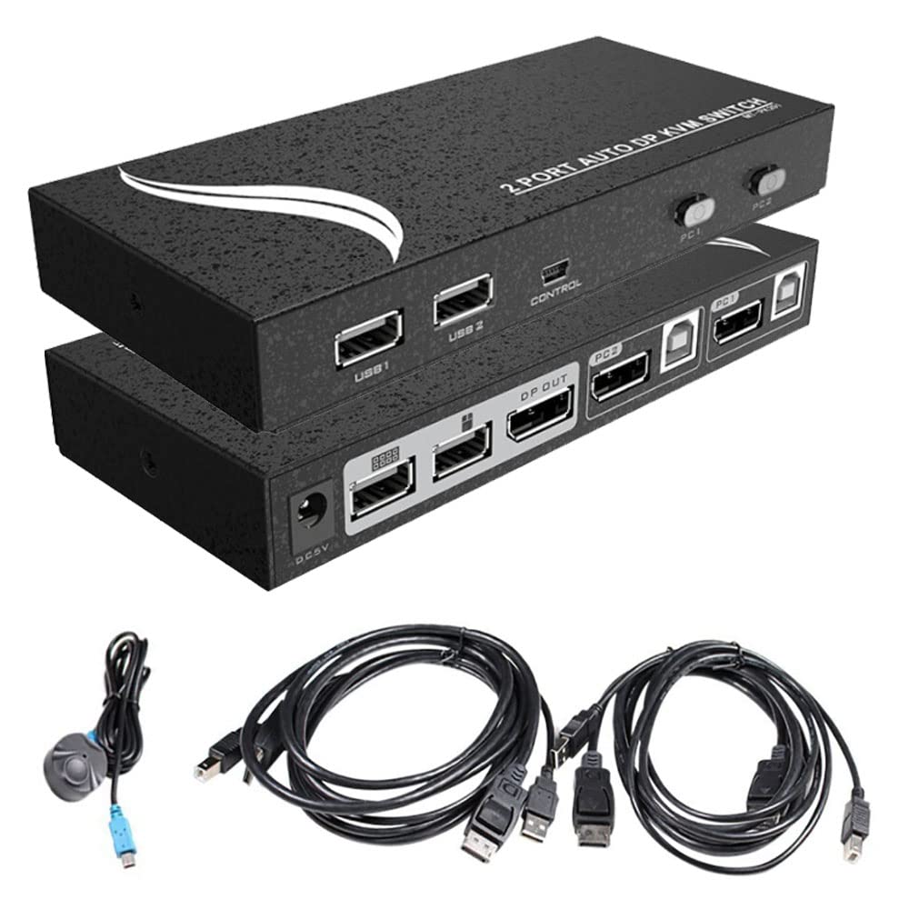ES-Tune Displayport KVM切替器 DPスイッチ 4K60HZ 2入力1出力 PC2台用 DP・USBケーブル付属 ホットキー 有線スイッチ 日本語取扱説明書付
