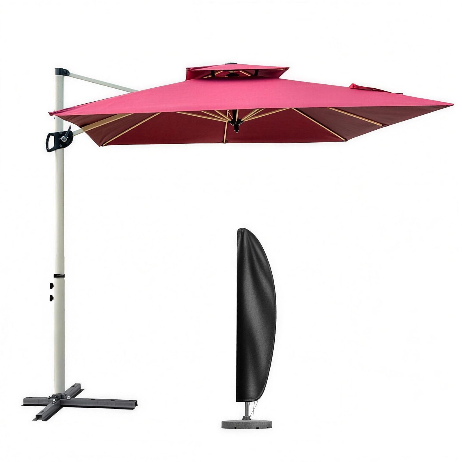 MAYAMI-Home ガーデンパラソル 大型 220/250cm 風に強い 長方形 ハンギングパラソル 二層通気 防風 UVカット 撥水 角度調整 360°回転 パラソルカバー付き ベース別売 屋外 庭 テラス カフェ用 (赤, 220cm)
