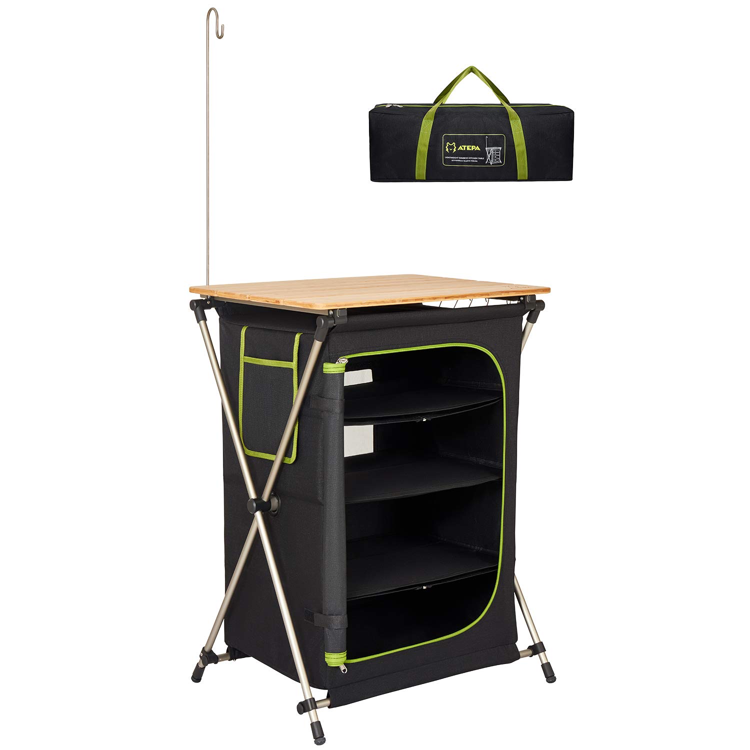 楽天湖南オンラインATEPA キャンプテーブル 折りたたみ バンブーキッチンテーブル アウトドア 天板 3段収納ラック付き 調理台 アルミ製 耐荷重30kg 収納棚付き BBQ ピクニック対応