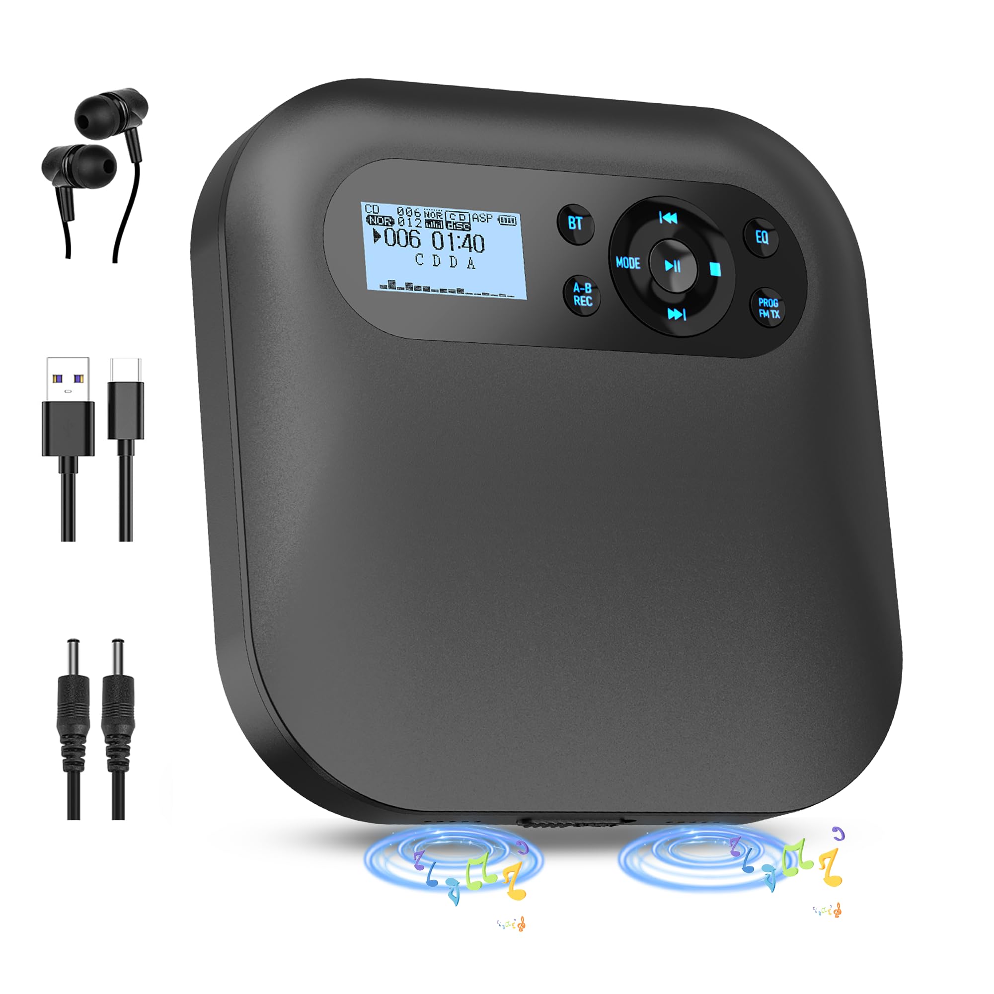 CDプレーヤー Bluetooth5.2対応スピーカー内蔵CDプレーヤーFMトランスミッター内蔵 ・(REC)録音機能付き ポータブルCDプレーヤー2000mAh電池充電式CDプレーヤー A-Bリピート 5EQエフェクト機能 音飛び防止機能 CD-R/MP