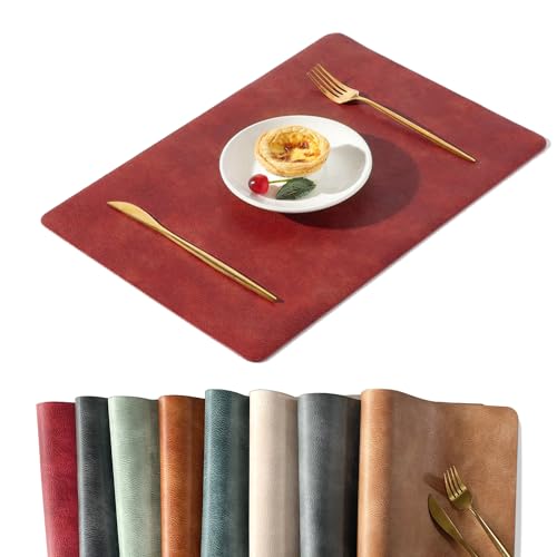 Univo Colors ランチョンマット 高質PUレザー 北欧 撥水 防汚 断熱 滑り止め 丸洗いOK 清潔しやすい 華やか 飾り 家庭用 レストラン用（レッド,43cm×30cm, 6枚セット）