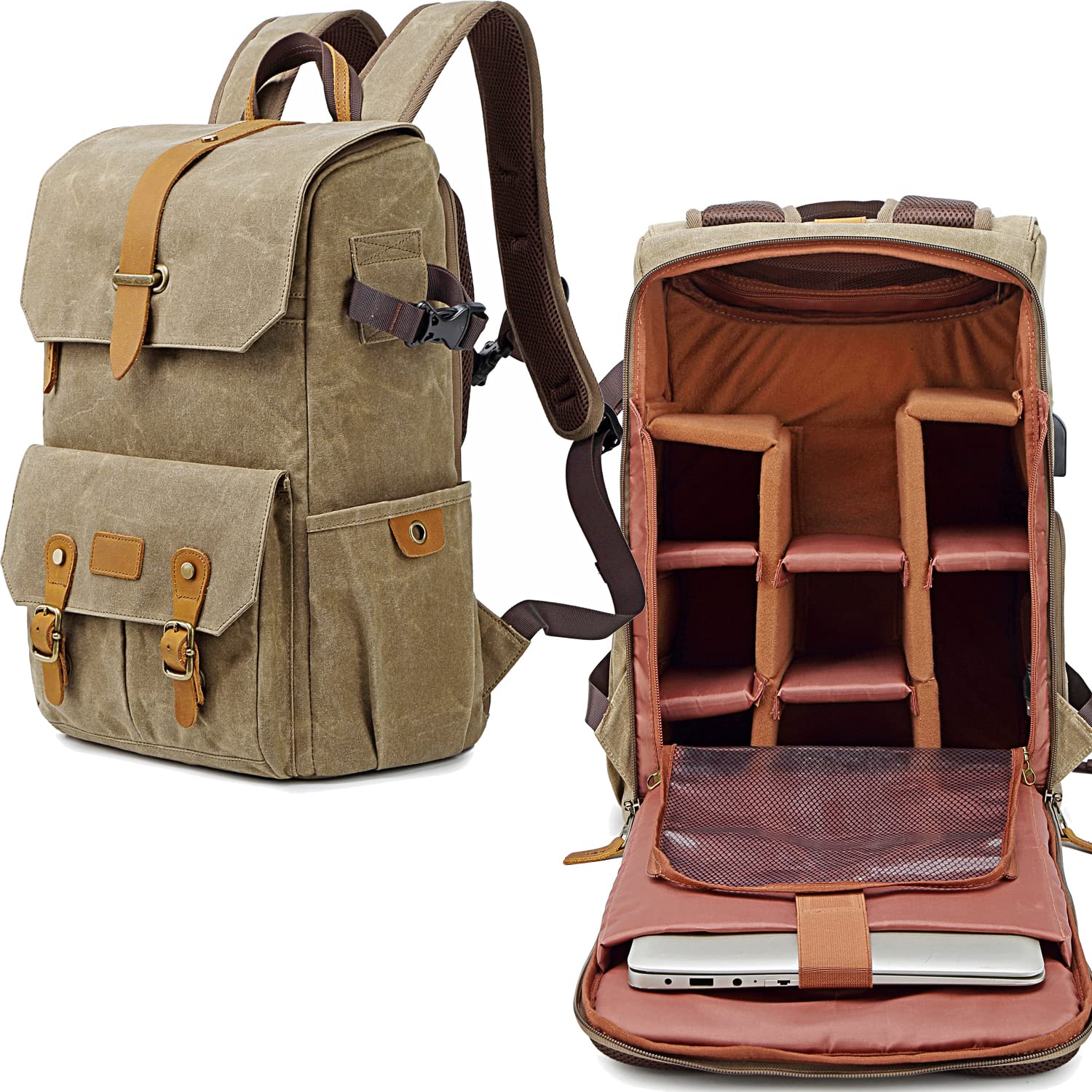 EnergyPower 25L 多機能カメラバッグ 大容量カメラリュック USBポート搭載 防水キャンバス素材 一眼レフ レンズ一式楽々収納 16インチ対応ノートPCスペース ベルクロ可変間仕切り チェストストラップ付 三脚取付ベルト 高強度帆布製 本革パ