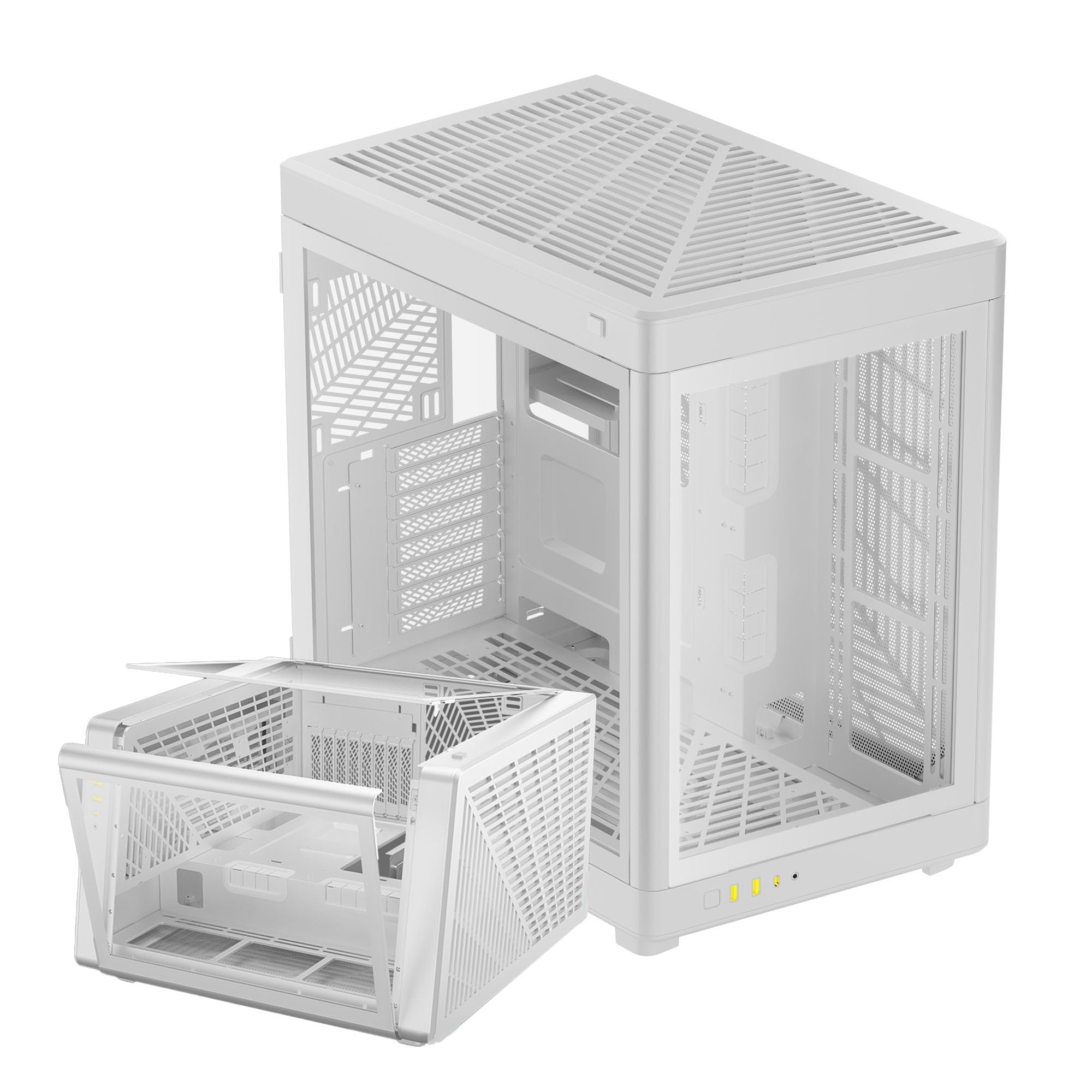 GAMDIAS NESO P1 WW ゲーミングPCケース フルタワー E-ATX ATX プライムライフスタイルケース デュアルチャンバー 台形デザイン モジュラーオルタナティブオリエンテーション フルパノラマディスプレイ