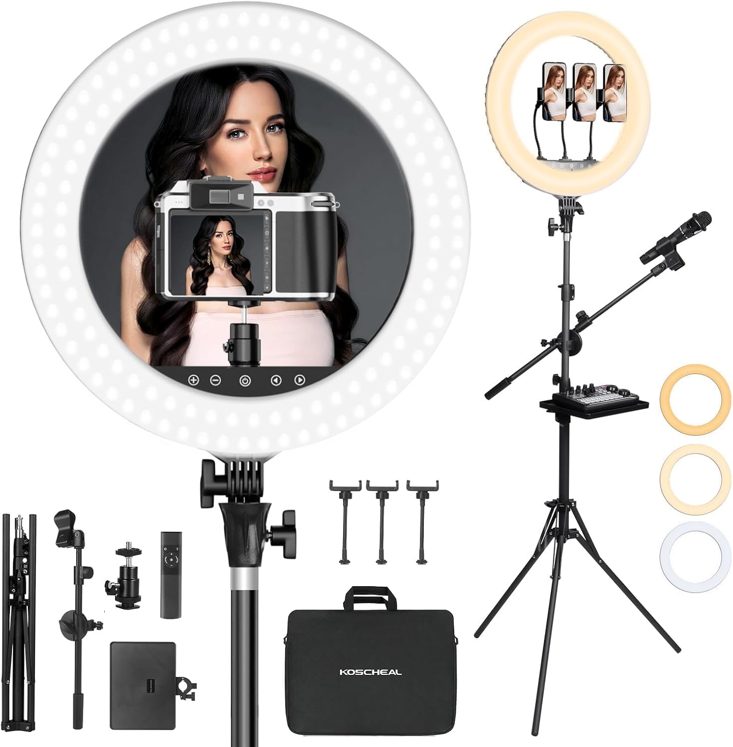 KOSCHEAL 18インチLED リングライト, 女優ライト55W 3000K-6000K 調光可能,3つのカメラ位置/3色モード ..