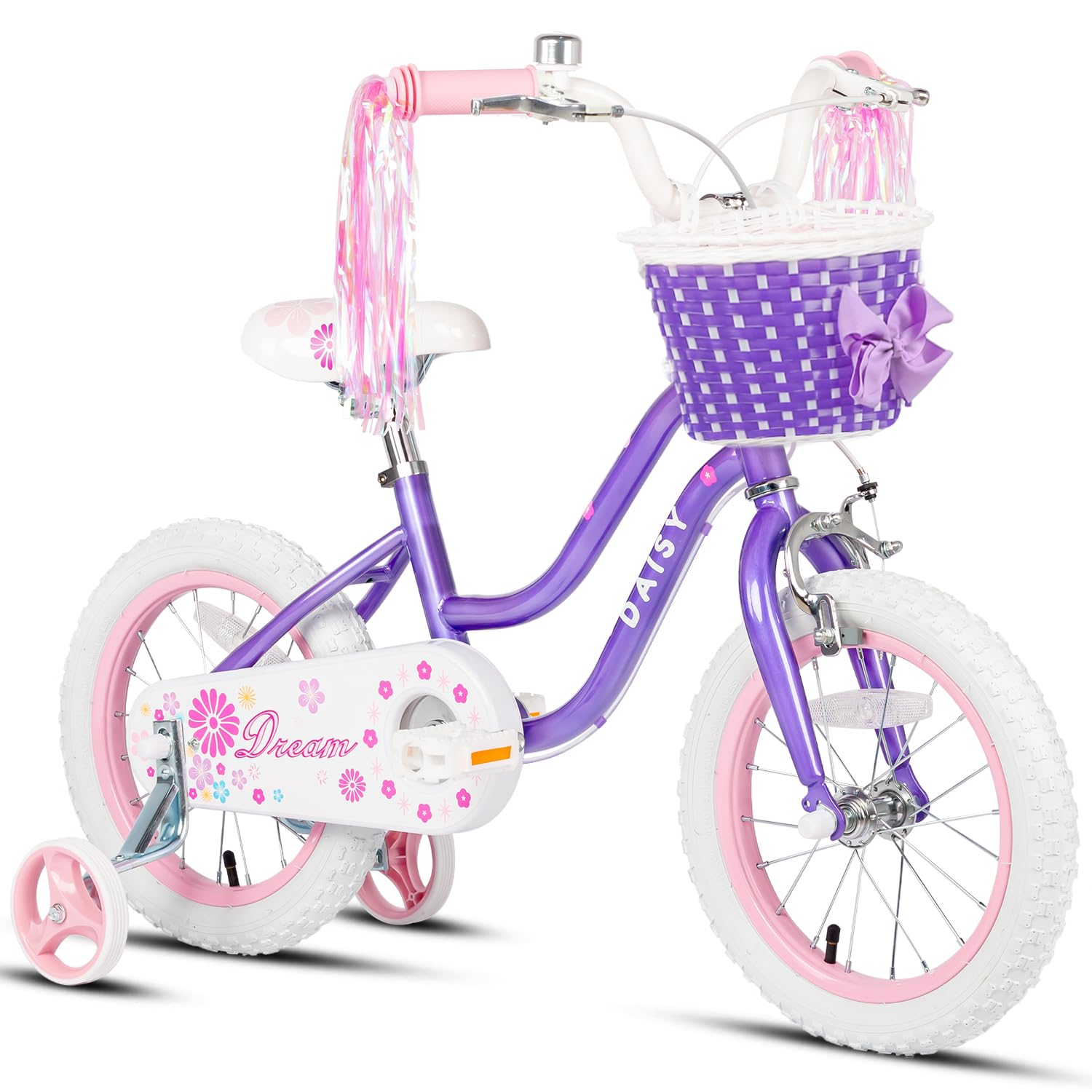 【Glerc】Daisy子供用自転車 可愛い女の子自転車 幼児小学生乗り練習 プリンセス気分 補助輪付き/前カゴ付き/ハンドル飾り付き 14インチ 紫