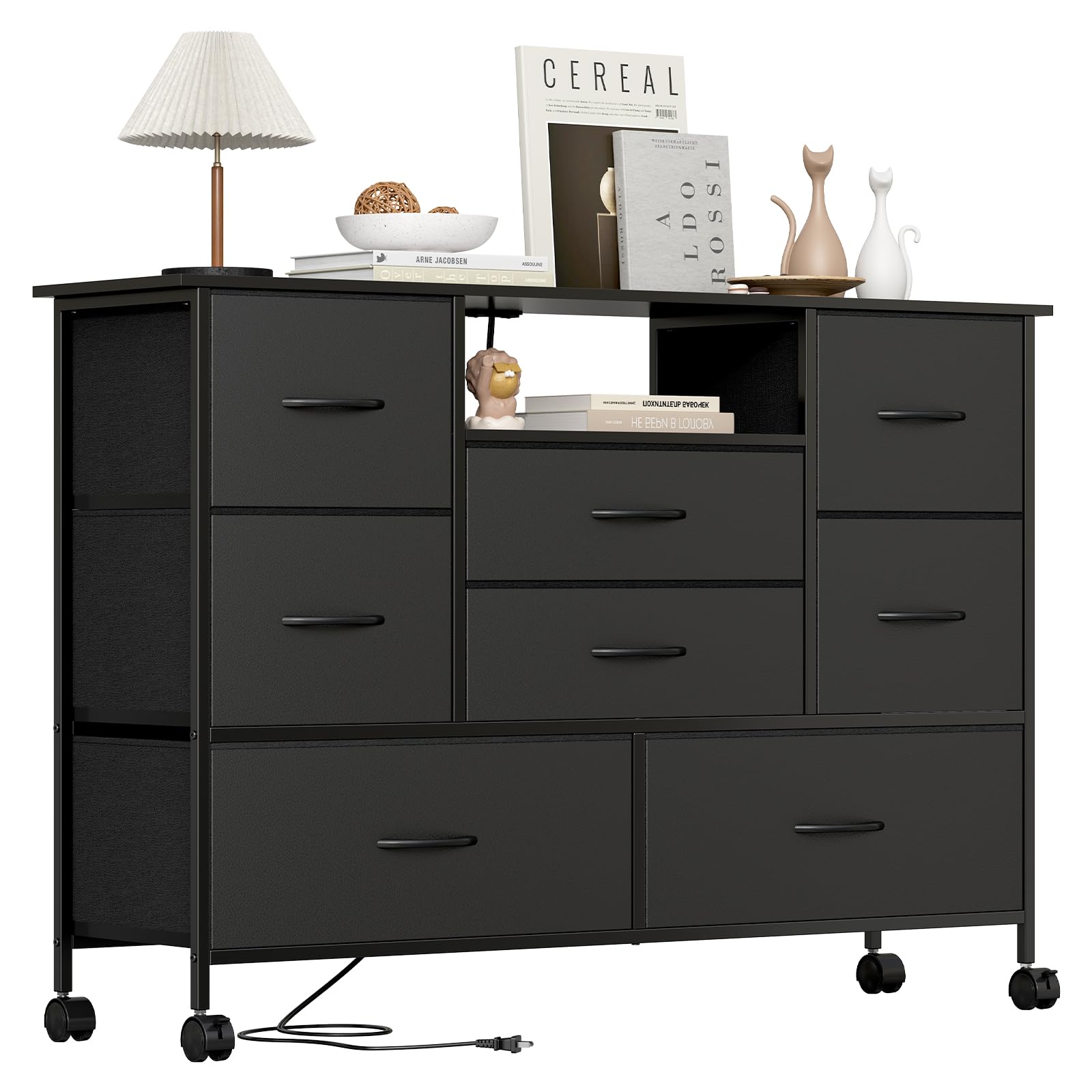 楽天湖南オンラインLunarLight チェスト タンス サイズ幅114.5奥行30高さ79cm 収納チェスト 収納ケース テレビ台として使用可能 コンセント2口付き ストッパーキャスターによる移動式とアジャスト付き固定式の2機能 頑丈な構造で耐震転倒防止機能を備えている