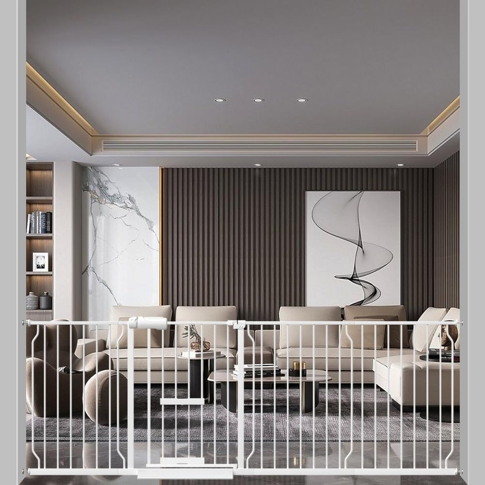 Qonimm ベビーゲート ペットゲート ペットドア付き 取付幅206-218cm オートクローズ機能 階段上 猫ドア..