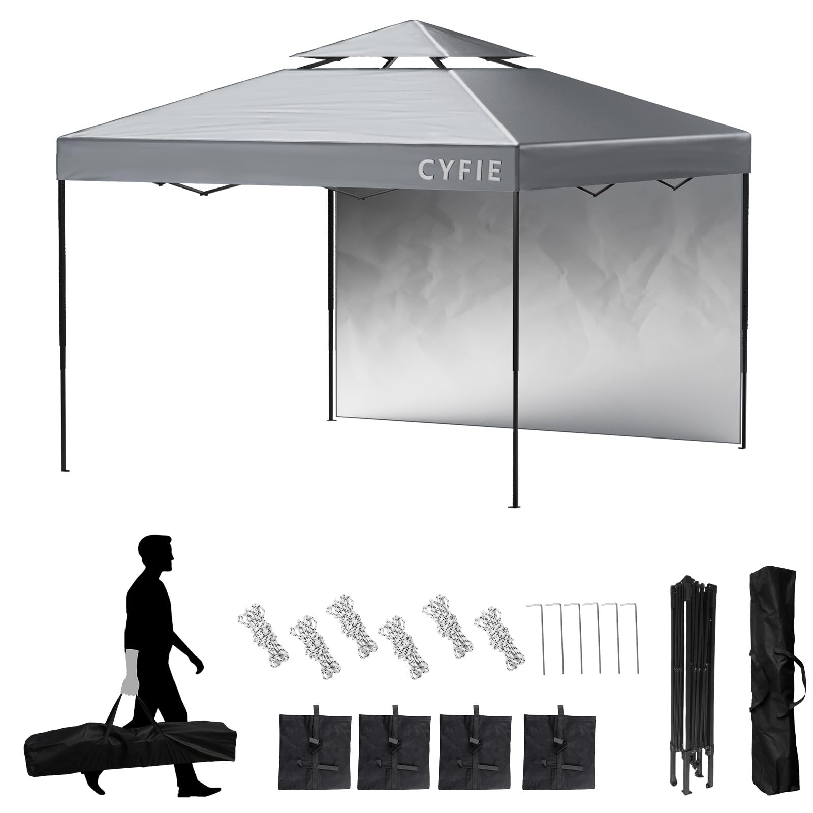 楽天湖南オンラインCYFIE タープテント ワンタッチ 3mx3m サイドシート 1枚付き ワンタッチ UVカット 耐水 スチール製 キャンプ ワンタッチテント 遮光 アウトドア用 遮熱 組み立て簡単 イベントテント 運動会 業務用 （グレー, 3x3m サイドシート1枚付