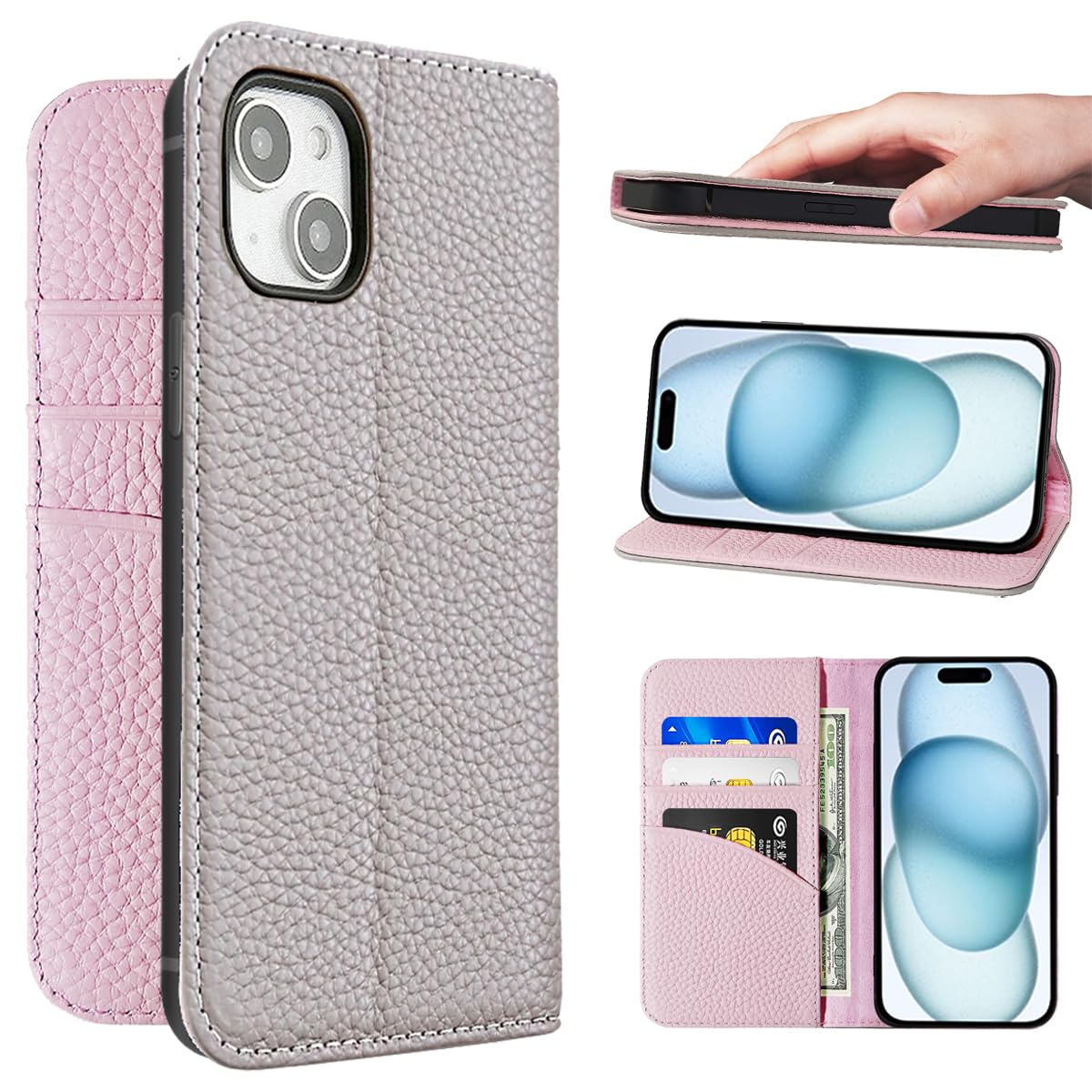 iPhone 15 ケース 本革 手帳型 カバー 耐衝撃 保護 カバー 本革 内蔵マグネッ RFIDト 財布型 携帯カバー カードポケット スタンド機能 NanHou - グレー/ピンク