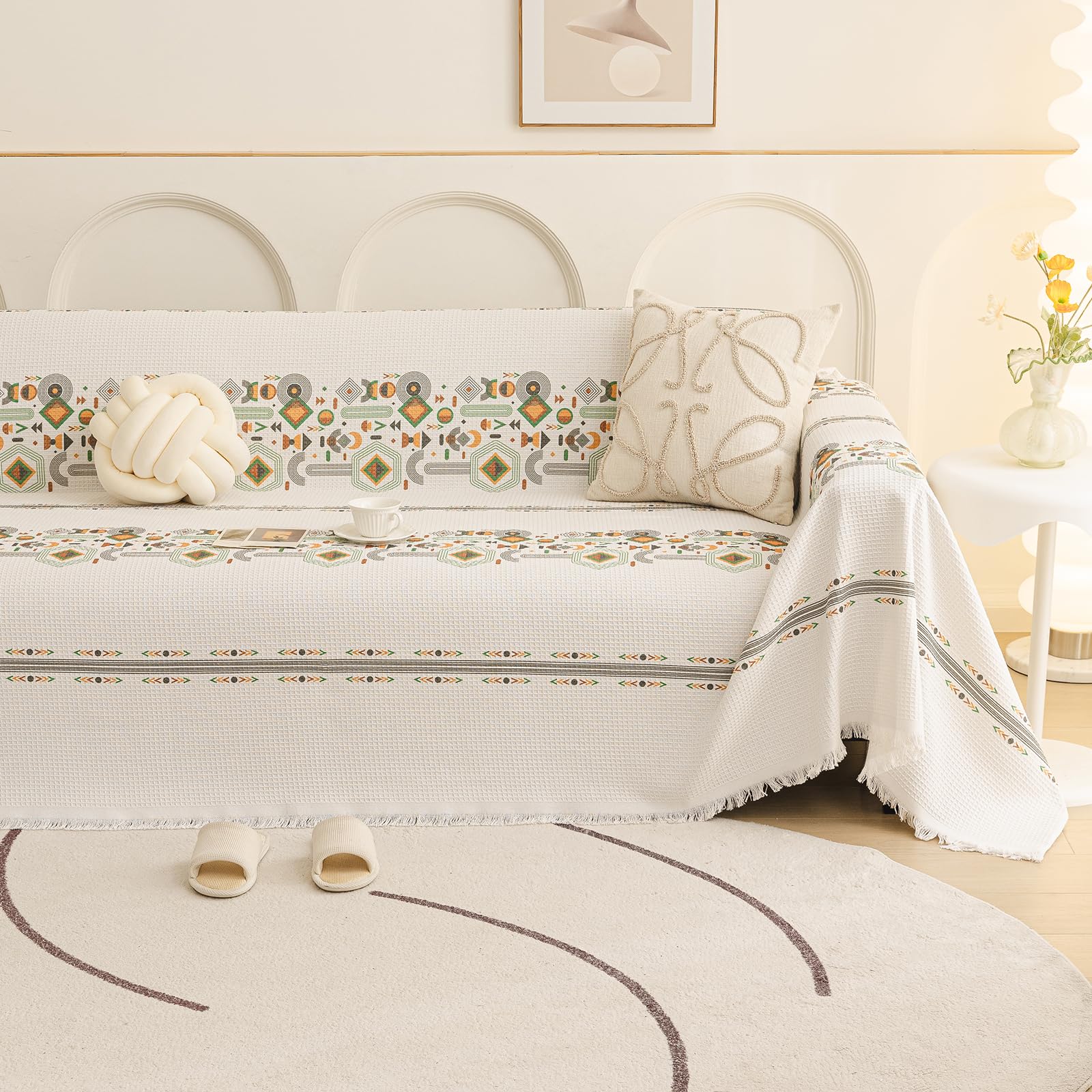 JEMAジェマ ソファーカバー 北欧風 マルチカバー テーブルクロス ソファカバー ベッドカバー 長方形 ブランケット 綿混 リバーシブル 毛布 無地 保護カバー 防塵 キズ防止 汚れ防止 洗える 四季通用 幾何系(2)・ワッフル柄 180×340cm(3