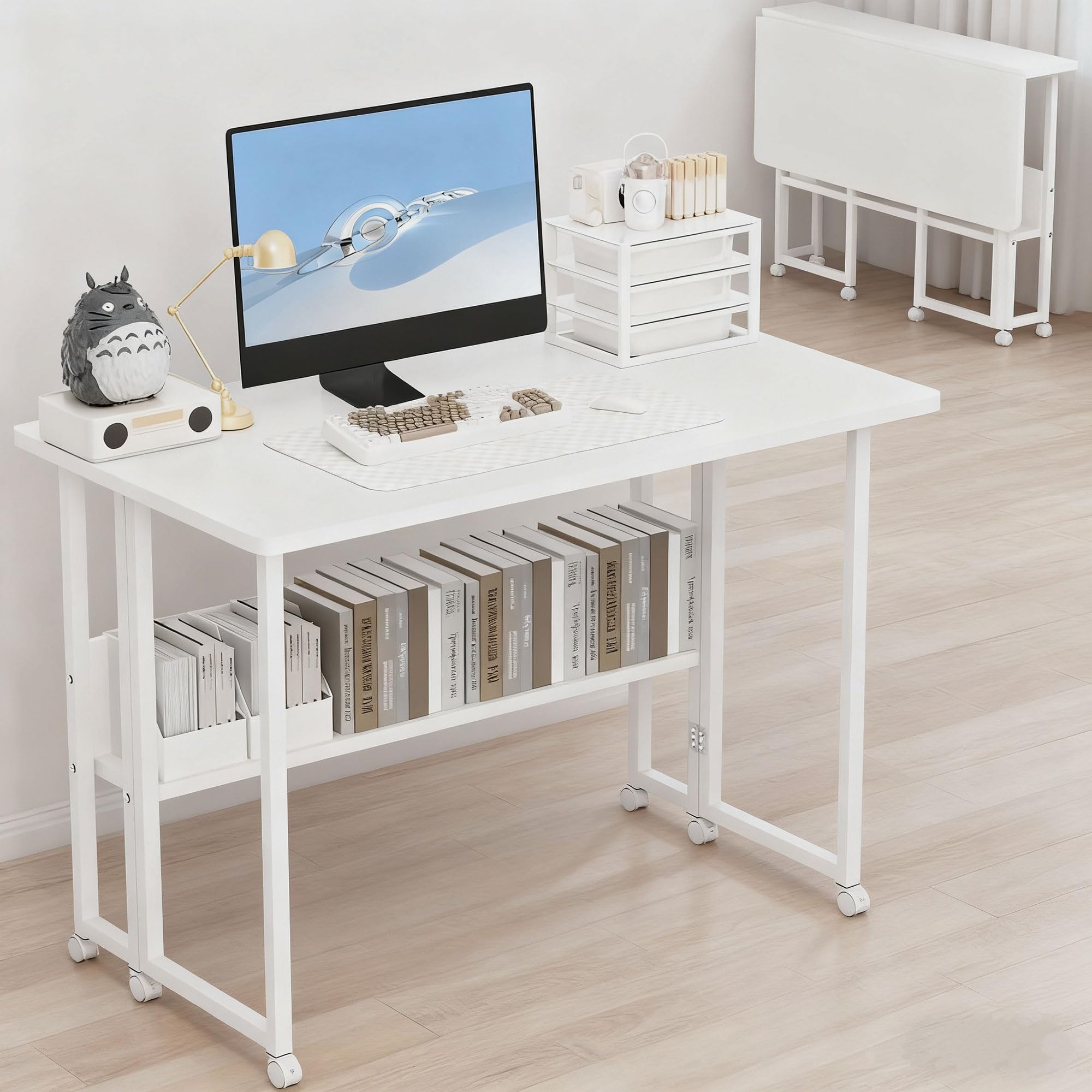 Aerlife パソコンデスク 折りたたみ コンパクト PCデスク 幅100cm 多機能テーブル 幅80cm 勉強机 収納付き オフィス 机 キャスター付き 本棚付き おしゃれ シンプル 事務用テーブル 木製 机 在宅勤務 作業 一人暮らし 省スペース 日