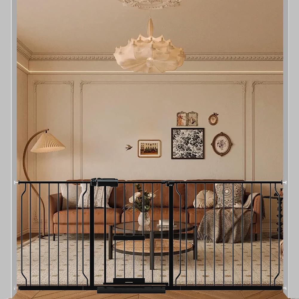 Qonimm ベビーゲート ペットドア付き 取付幅182-194cm ペットゲート オートクローズ機能 階段上 猫ドア..