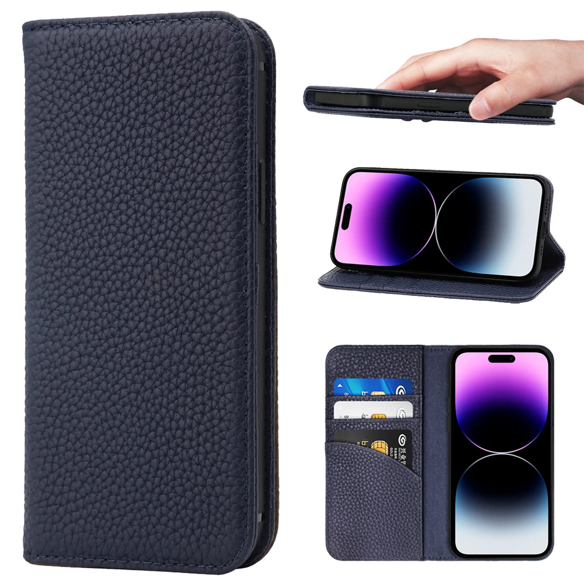 NanHou For 適用する iPhone 14 Pro ケース 手帳型 カバー 耐衝撃 保護 本革 カバー 内蔵マグネッ RFIDト 財布型 携帯カバー カードポケット スタンド機能 に適した アイフォン 14 Pro - ロイヤルブルー