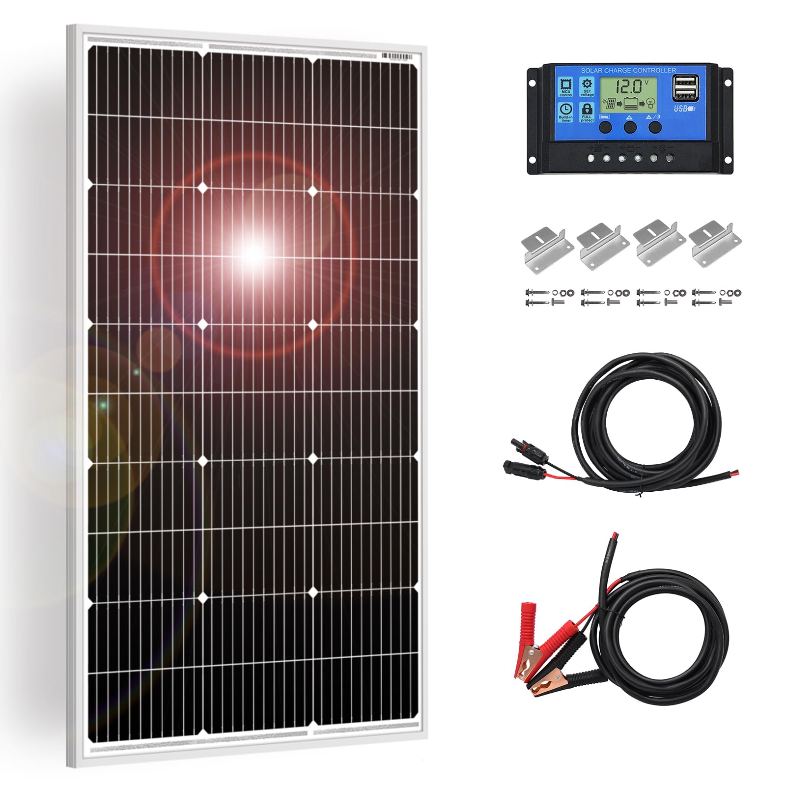 DOKIO 高効率 ソーラーパネル 100w 12v 単結晶 多種多様の部品 自作の太陽光発電に適応な小型・家庭用太陽光パネル 12v バッテリー充電用 防災グッズ 車中泊…