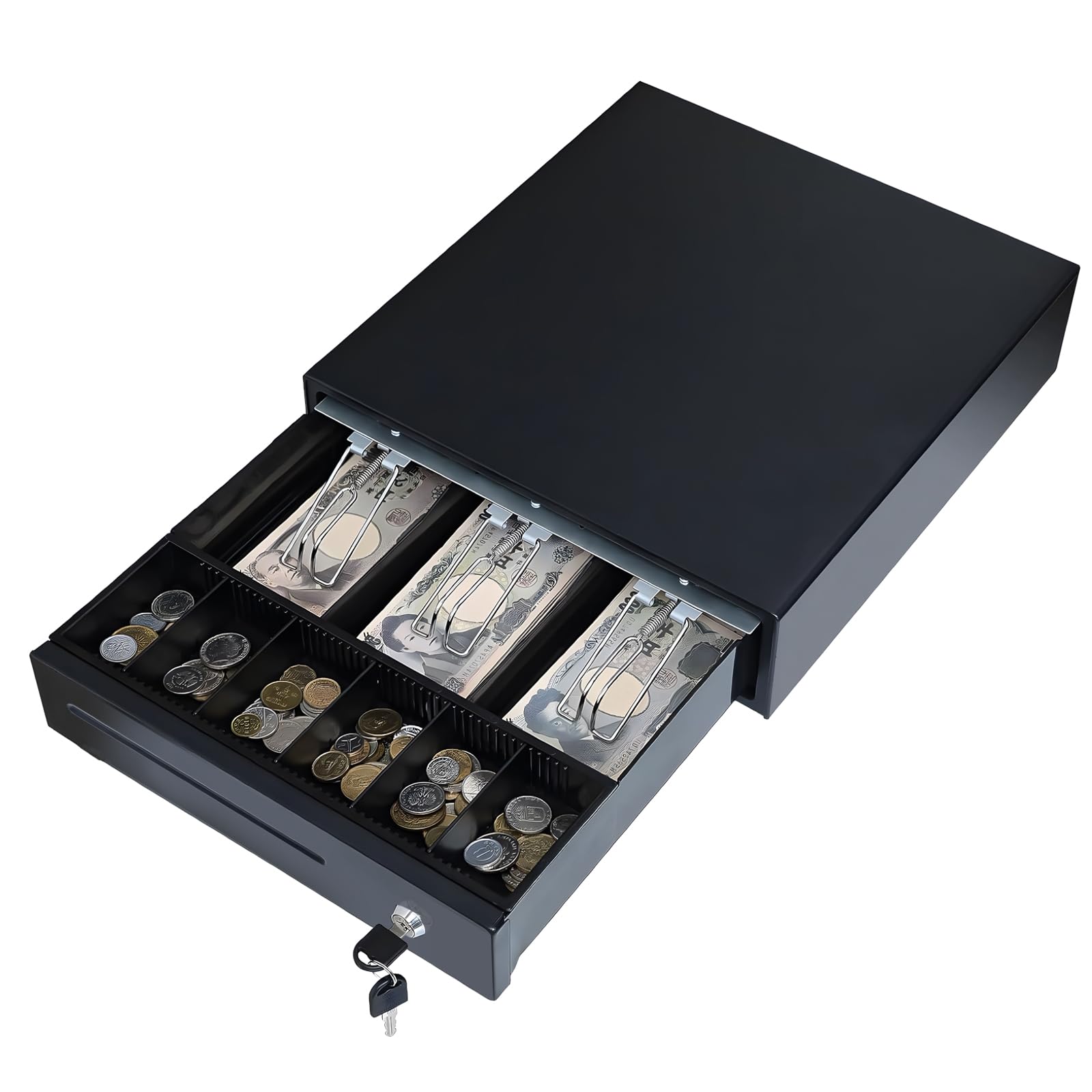 キャッシュドロア 小型 自動 + 手動 エアレジ対応 3札6硬貨 鍵 2 本同梱 4 種の開閉方式（鍵操作/レジ..