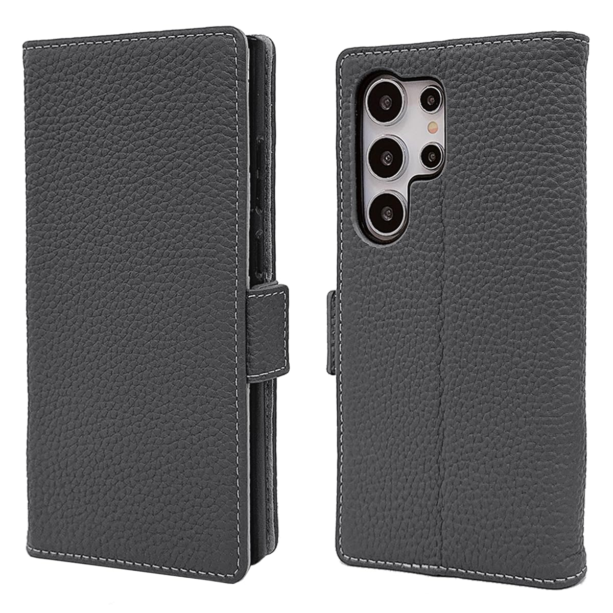 Samsung Galaxy S25 Ultra ケース 本革 手帳型 カバー 耐衝撃 保護 カバー 本革 内蔵マグネッ RFIDト 財布型 携帯カバー カードポケット スタンド機能 NanHou - ダークグレ/ライトグレー