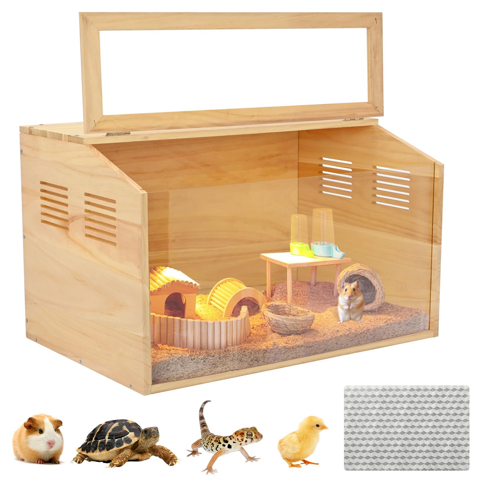 aleawol ペットケージ 小動物/爬虫類用 木製 60x40x40cm 昆虫飼育ケース 観察用透明窓 通気口付き 生息と繁殖に便利 組み立てが簡単 ハムスター ルチン鶏 モルモット ウサギ トカゲ ヘビ カメレオン ハリネズミ飼育（木の色，日本語説明書