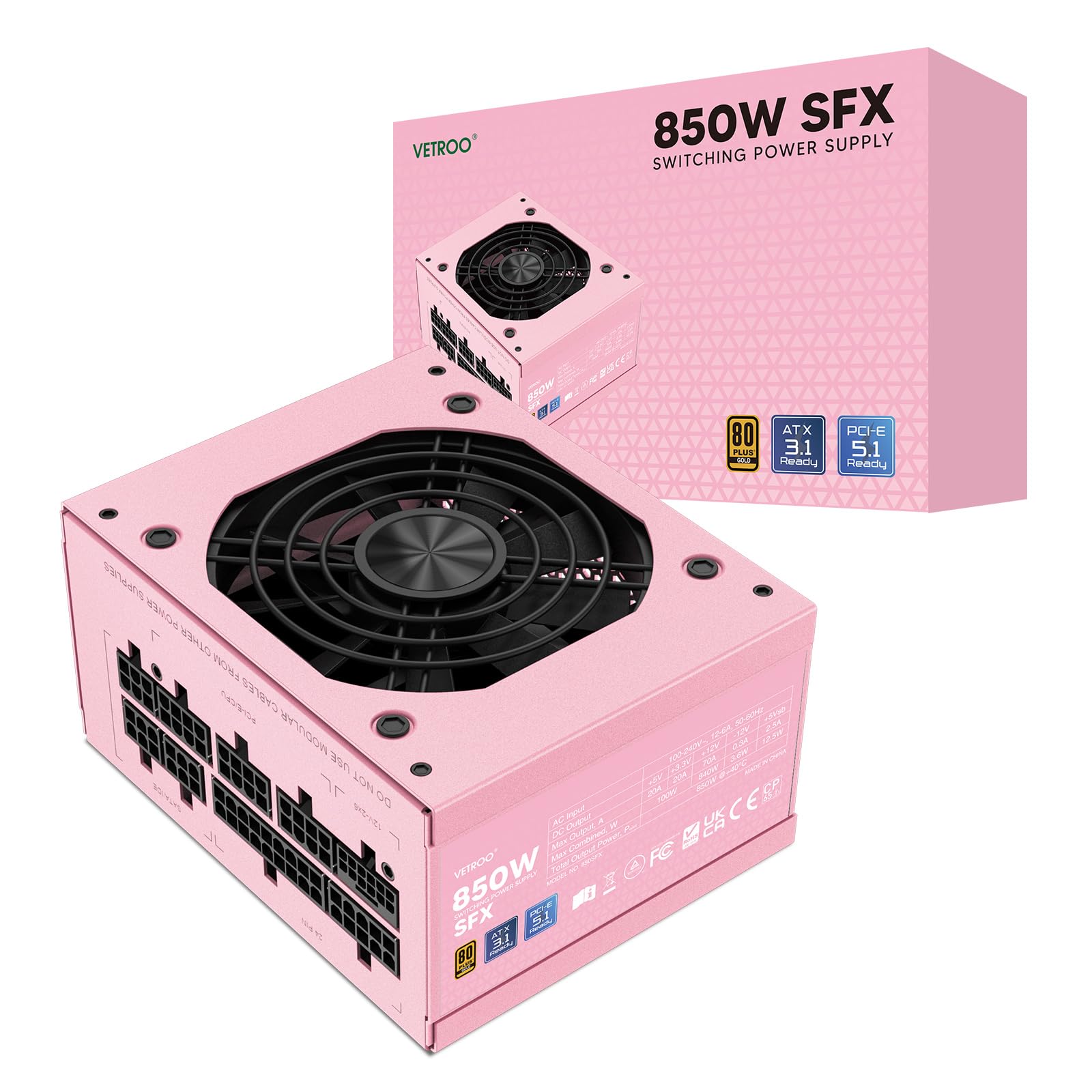 Vetroo 850W SFX 電源 ATX 3.1 & PCIE 5.1対応、80 Plus Gold Certificate Full Modular 90mm FDBファン、低ノイズ動作用、SFX-to-ATXブラケット、10年保証 - ピンク