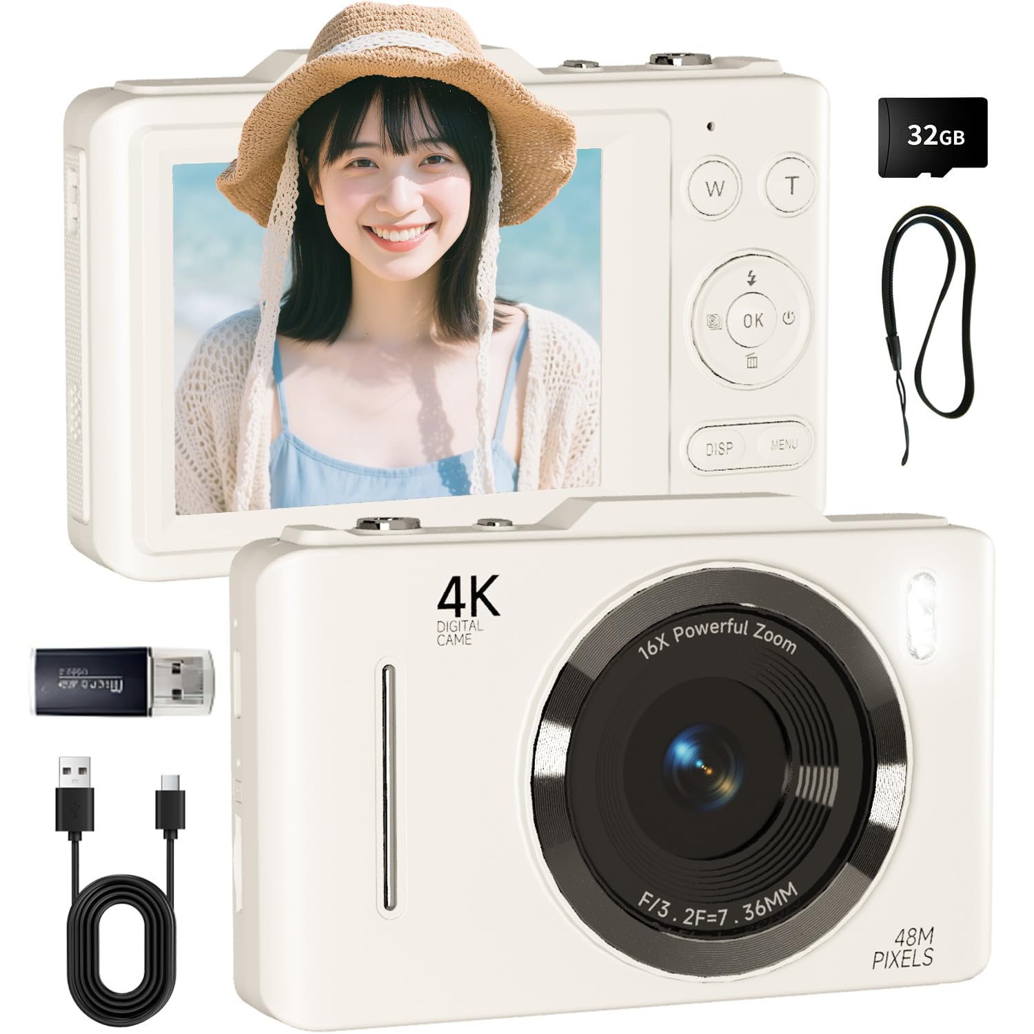 SRVR デジタルカメラ 4K 4800万画素 メモリーカード付属（32GB Micro SDカード＆ストラップ）プロ仕様の4K動画と48MP高精細写真を撮影可能 デジタルカメラ|OTG対応でスマホへの直接転送が瞬時|初心者向け安心のオートモード搭載、手の