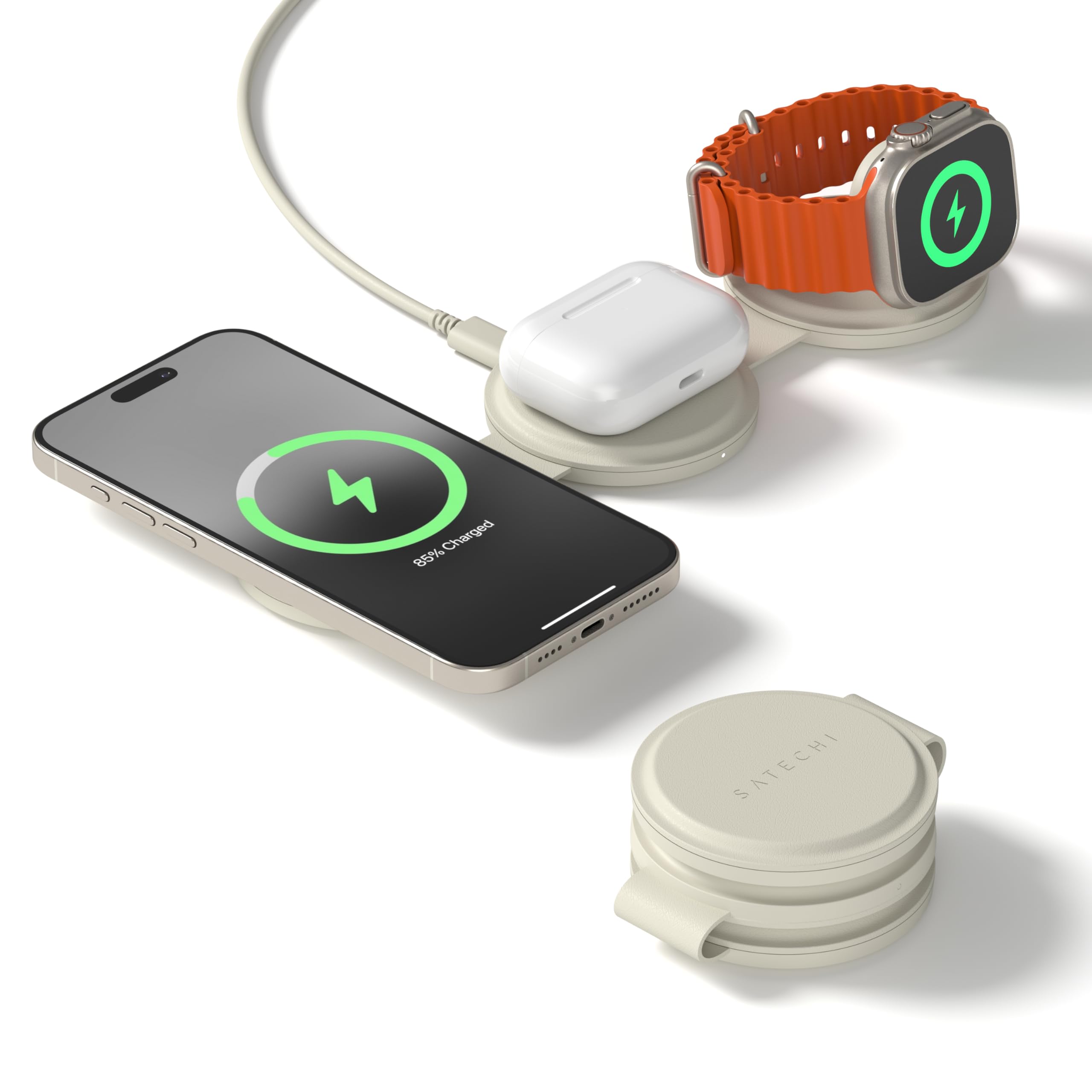 SATECHI OntheGo™ 3 in 1 ワイヤレス充電器 Qi2 ポータブル 3台同時 充電器15 W 1mケーブル付 iPhone 17 12 シリーズ用 15W 急速充電 Apple Watch 用 5W AirPods 用 5W マグネット式