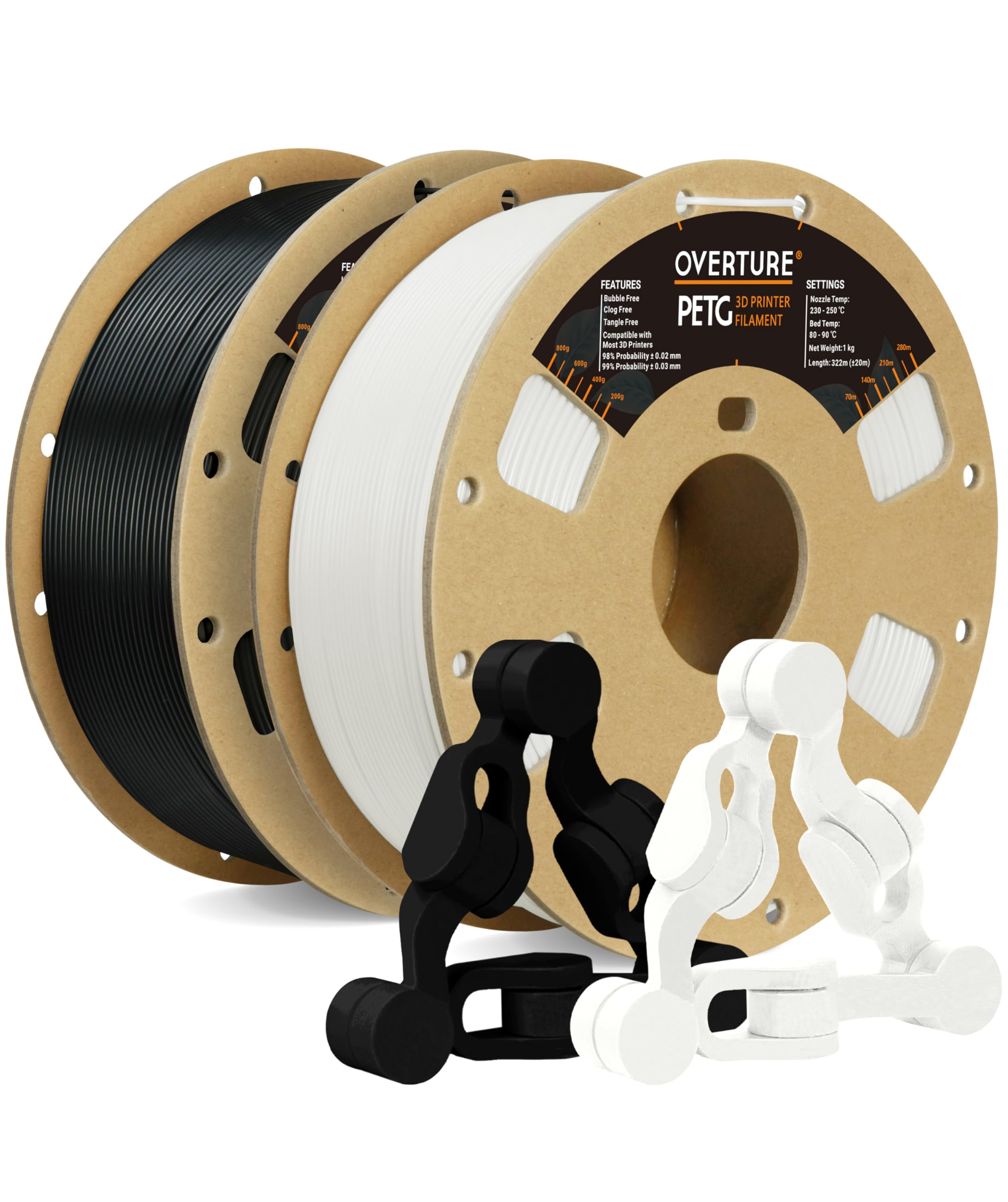 OVERTURE PETG フィラメント PETG 3Dプリンター用素材 3D印刷 3Dプリンター フィラメント 1.75mm 1kgスプール 高い寸法精度 高密度 環境保護 ほとんどのFDMプリンターに適合 (Black 1 White 1)