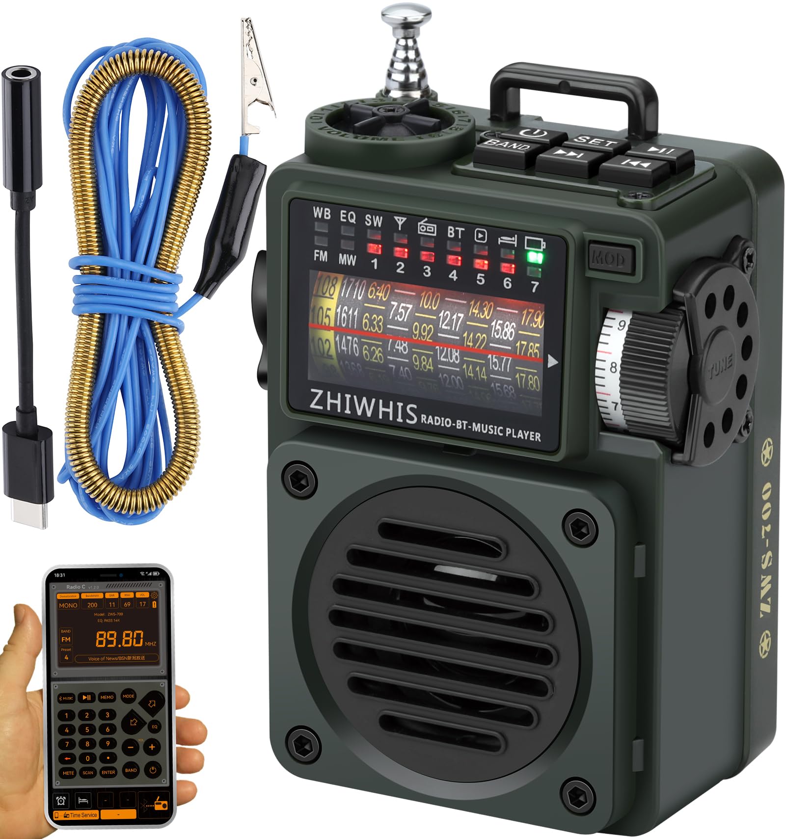 ZHIWHIS Bluetoothスピーカー BCLラジオ MP3プレーヤー AM/FM/短波/ワイドFM対応 APPコントロール/イヤ..