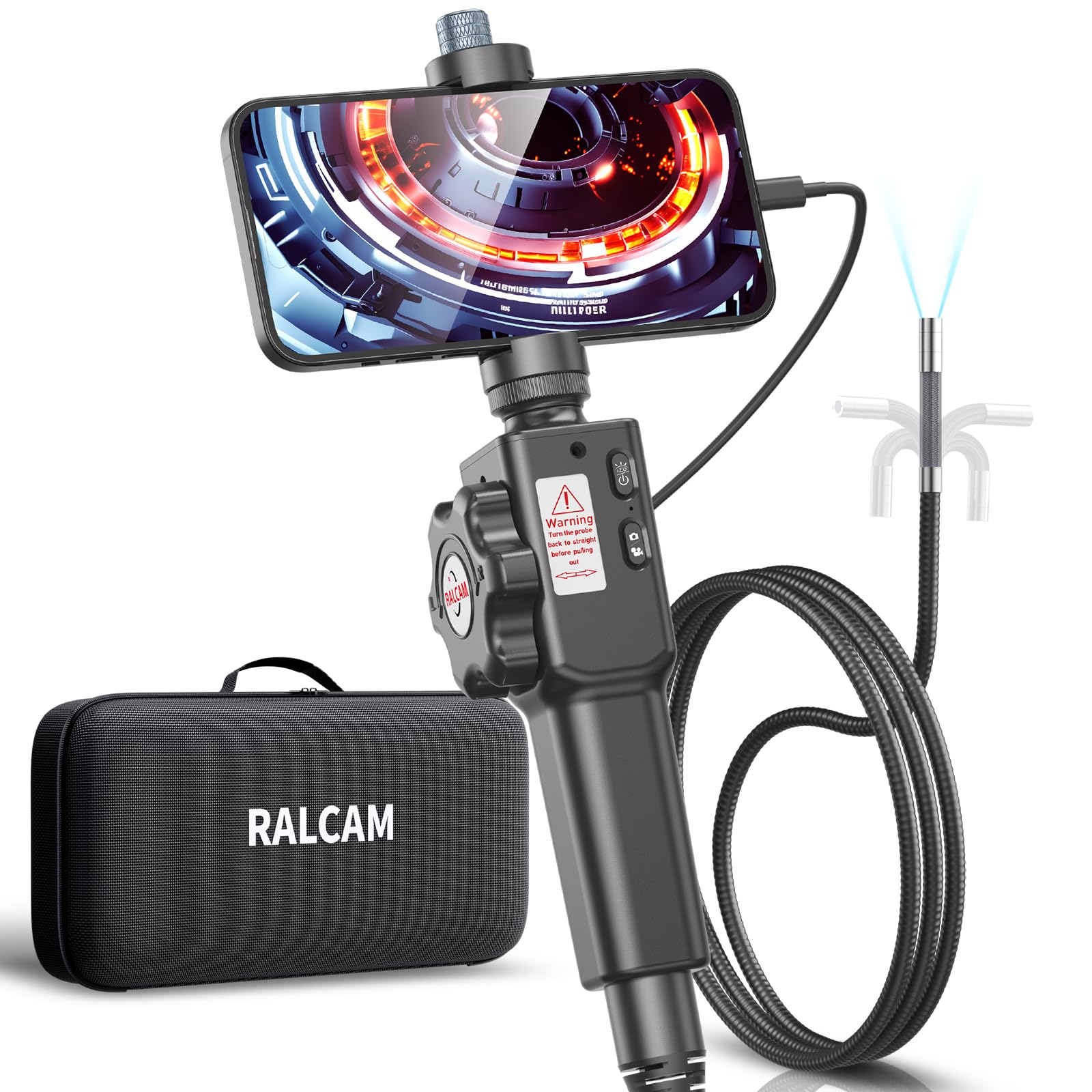 Ralcam ファイバースコープ 先端可動式 工業内視鏡 IP67防水 8.5MM超薄型レンズ HD1080P 内視鏡カメラ 写真撮影＆ビデオ録画 Android/iPhone対応可能 家電点検、機械検査、自動車、配管修理、下水道・排水検査などに対応