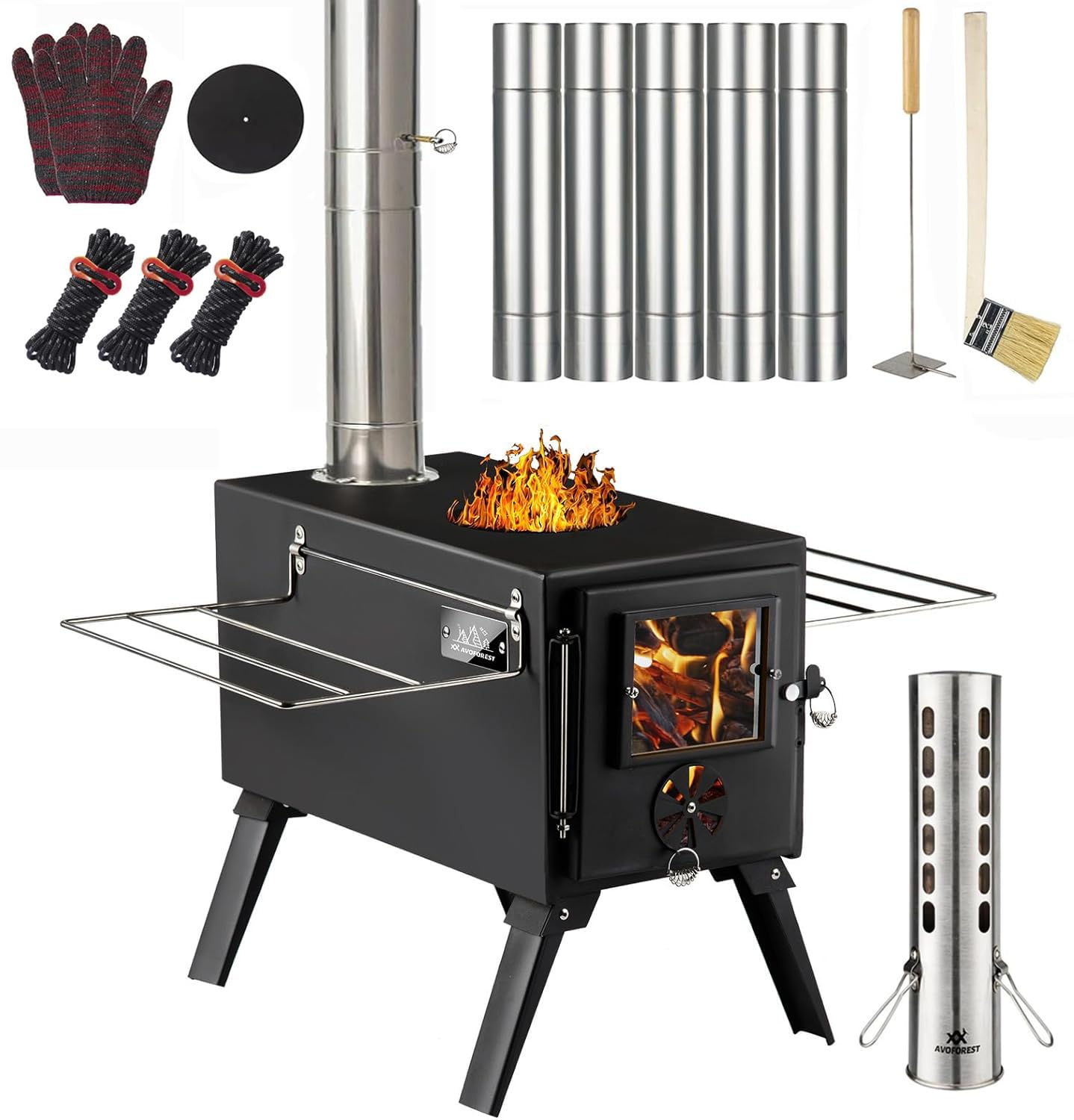 楽天湖南オンライン薪ストーブ AVOFOREST キャンプ用 折りたたみ式 7段階煙突 耐熱ガラス グリッド棚付き コンパクト収納 スチール製 耐熱塗装 焚火台 アウトドア ウッドストーブ テント用 バーベキューBBQ 暖炉 冬（薪ストーブ（スチール製）/ ブラック）