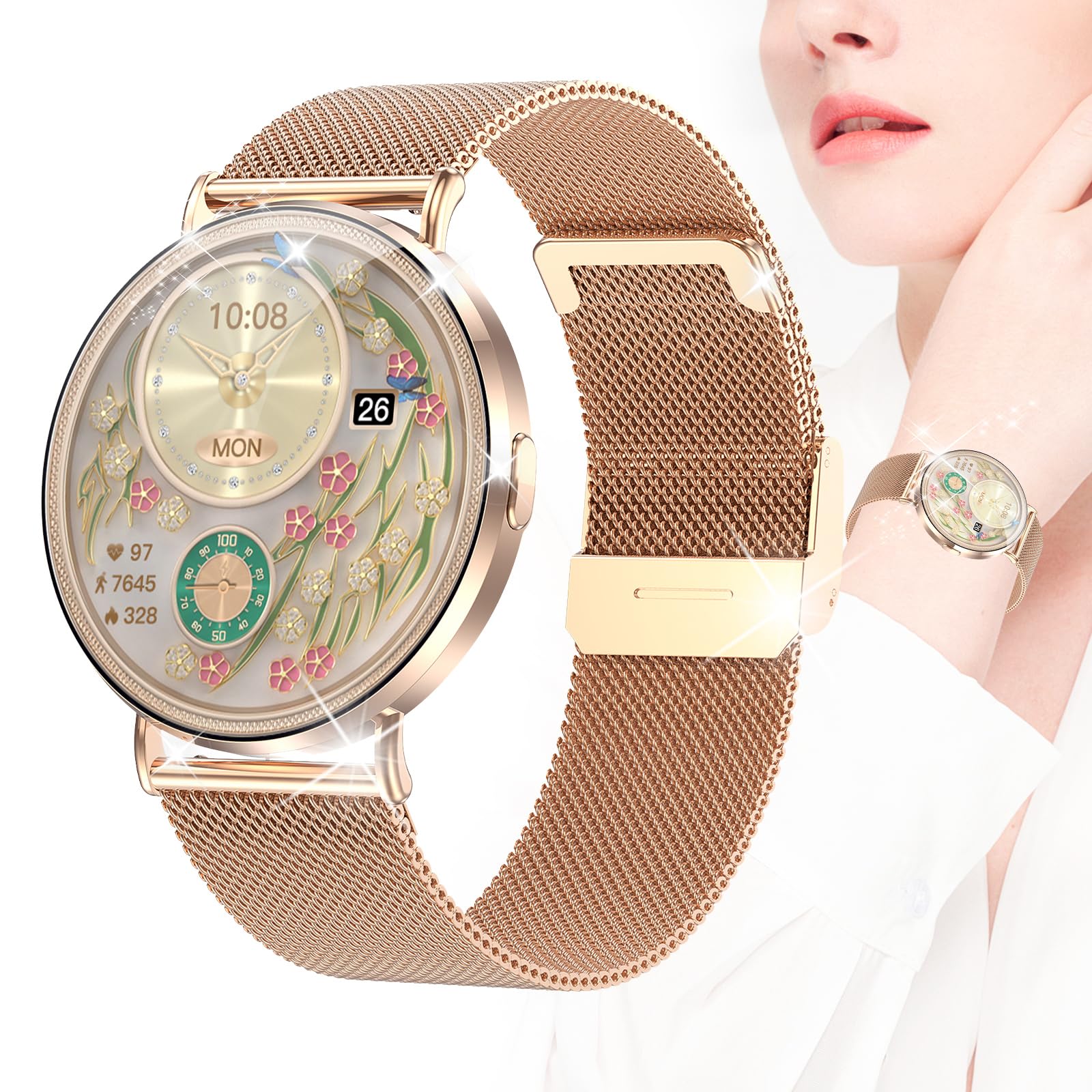 スマートウォッチ レディース 【2025年に革新 文字盤3D表示 超薄型】 1.32インチ AMOLED 丸型 軽量 小さめ Smart Watch iPhon...