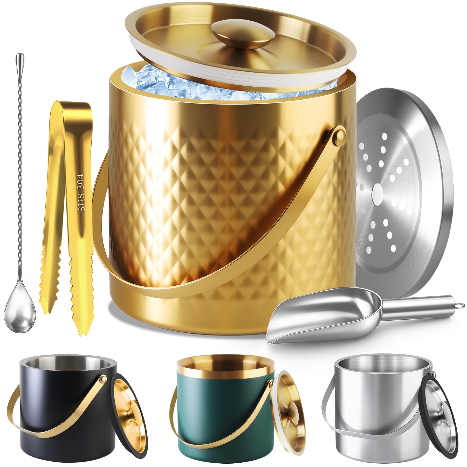 TOSELBAI アイスペール シリコン密封リング付きアイスバケット 二重壁真空断熱 厚手304ステンレス鋼 (ゴールド, 2L)