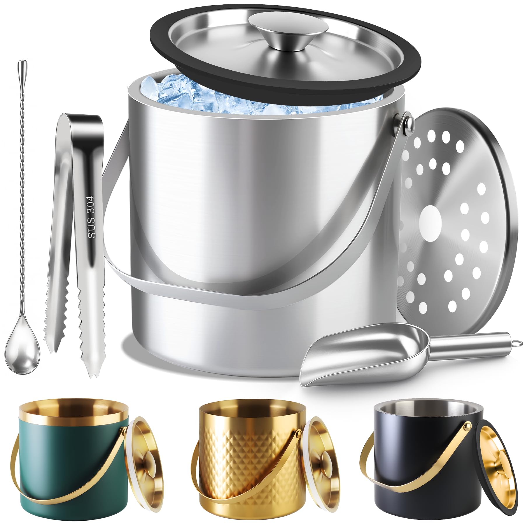 TOSELBAI アイスペール シリコン密封リング付きアイスバケット 二重壁真空断熱 厚手304ステンレス鋼 (シルバー, 2L)