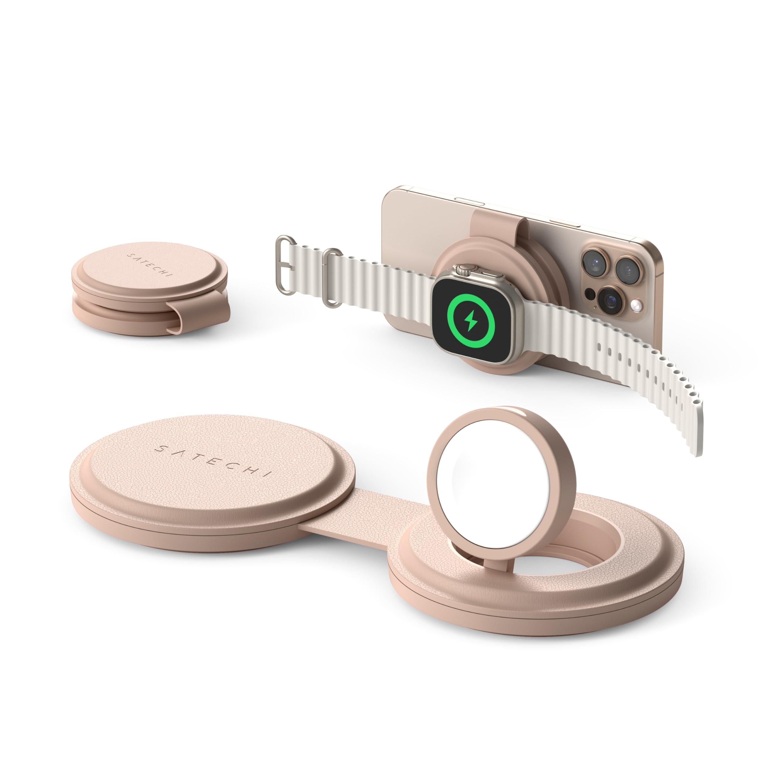 SATECHI OntheGo™ 2 in 1 ワイヤレス充電器 Qi2 ポータブル 3台同時 充電器 1mケーブル付 iPhone 17 12 シリーズ用 15W 急速充電 Apple Watch 用 5W AirPods 用 5W マグネット式トラベル