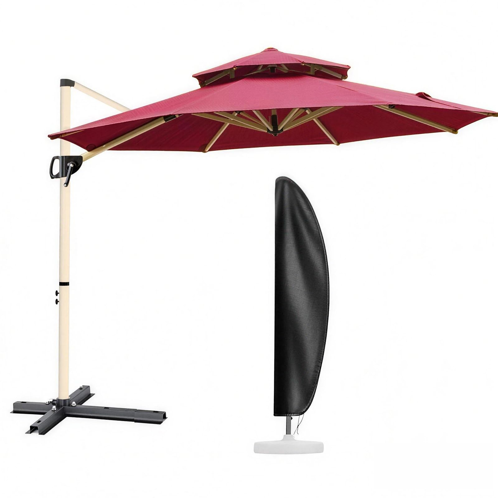 MAYAMI-Home ガーデンパラソル 大型 270cm／300cm ハンギングパラソル 二層通気 防風 UVカット 撥水 角度調整 360°回転 パラソルカバー付き ベース別売 屋外 庭 テラス カフェ用 (赤, 300cm)