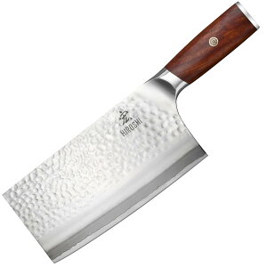 HIROSHI 高炭素ステンレス+ダマスカス中厚刃の骨切り包丁 鋭い料理庖丁 斬切多機能付き中華包丁 キッチンナイフ 肉/野菜切り 丸鶏カット 槌目と鏡仕上げ 錆びにくい くっつきにくい 洗浄し易い血檀木柄 オシャレ 安定