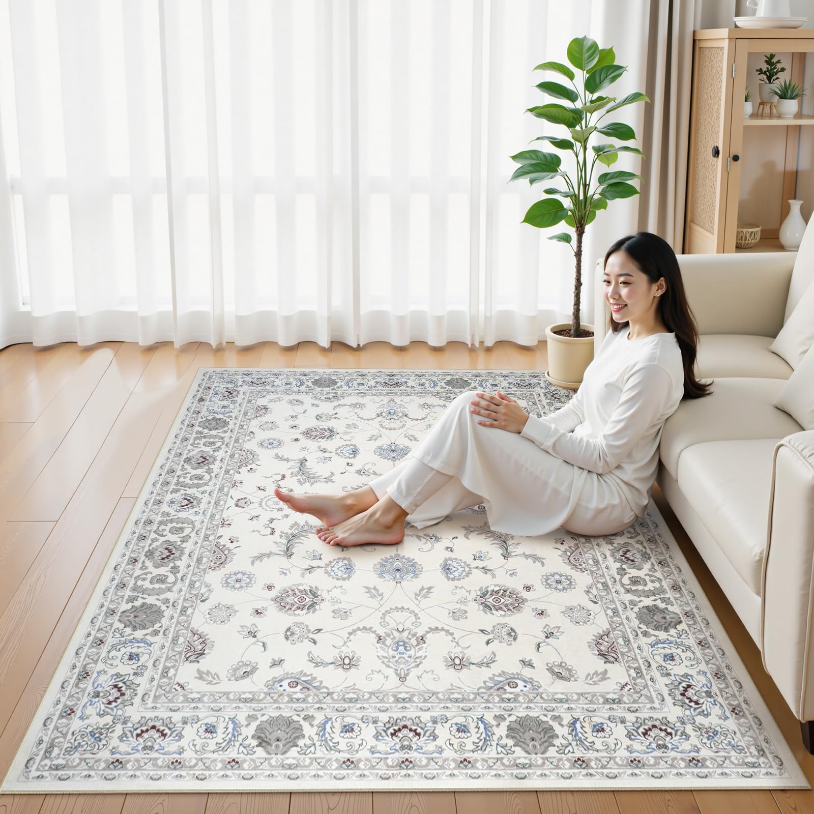 HAOCOO カーペット 200х250cm 3畳 滑り止め ホットカーペット対応 ペルシャ風 ラグ 洗える オールシーズン適用 花柄 防音 耐磨耗性 軽量 抗菌防臭 リビング ダイニング アンティーク ラグマット オフホワイト