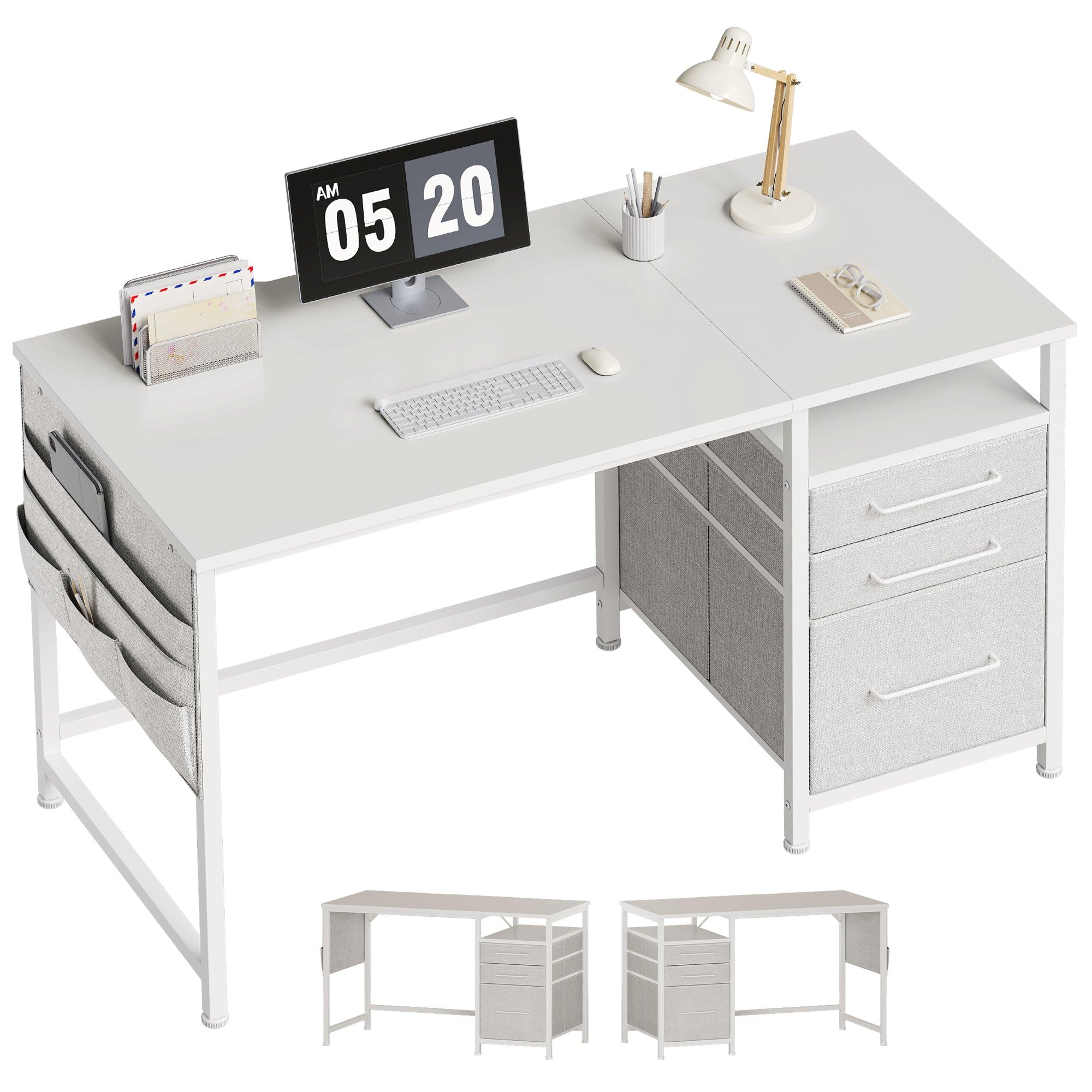Maihail 机 pcデスク パソコンデスク 在宅ワークデスク つくえ ラック付きデスク 幅120cm x奥行50cm 引き出し付き オフィスデスク 勉強机 学習机 左右入替可 テレワークデスク 白い