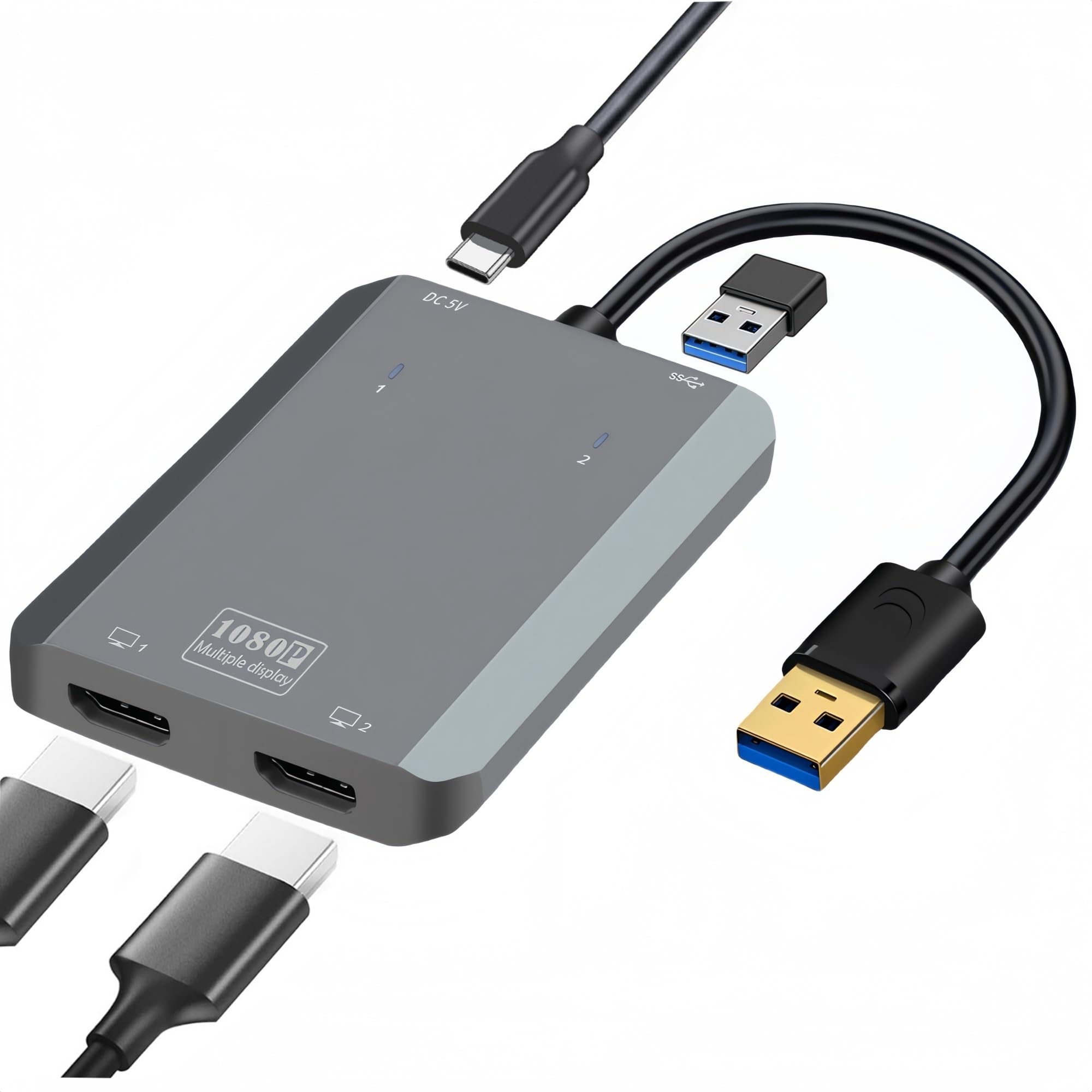 MST USB 3.0-デュアルHDMIディスプレイアダプタ USB HDMI 変換アダプタ USB-A ポート 拡張 1920*1080P 60Hz デュアル HD 画面出力 拡張/ミラー モードをサポート USB3.0高速伝送ポート+USB C充電ポー