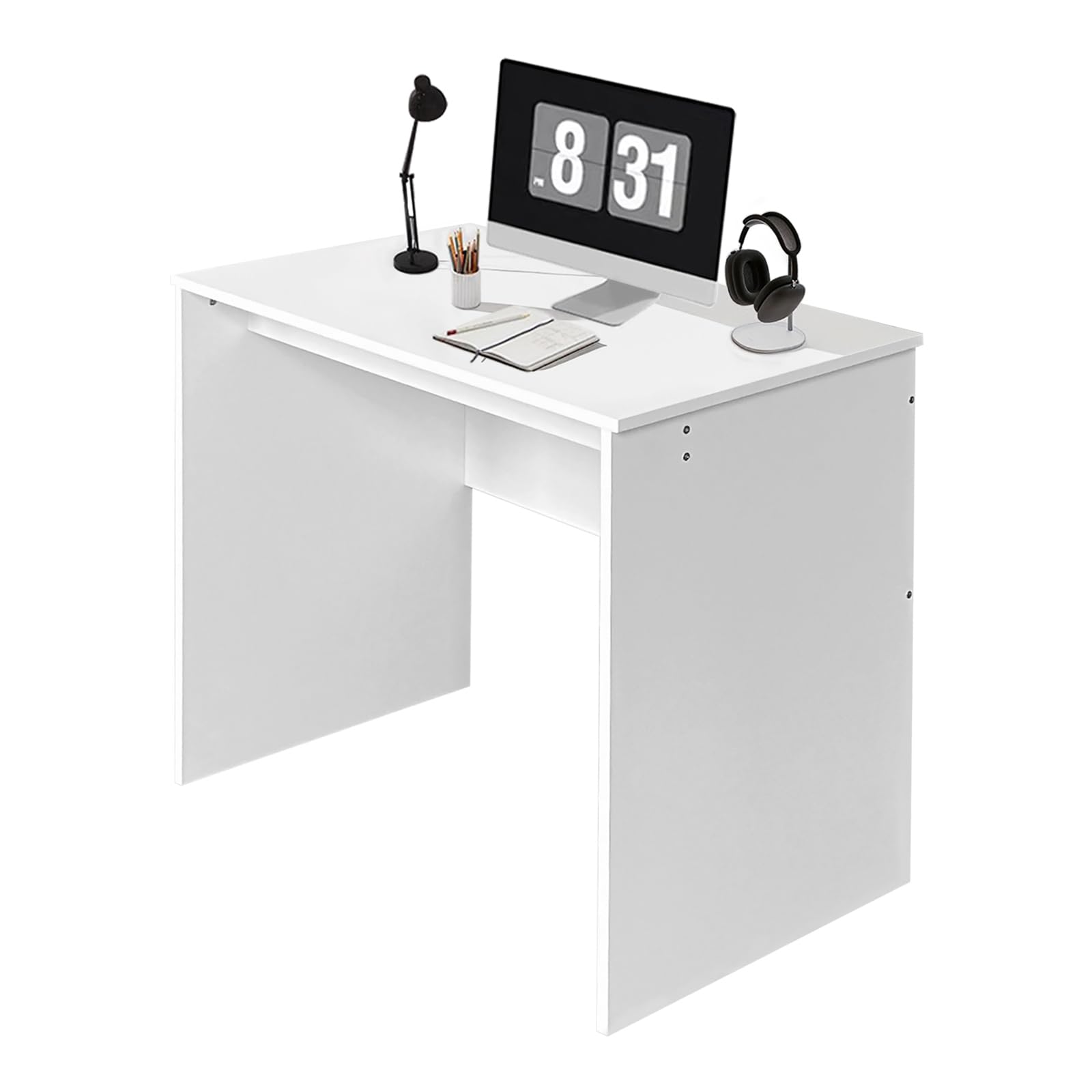 QLLY C字のオフィスデスク、白い北欧デザインの勉強机、木製机、80 x 75cm 奥行き48cm、丈夫で耐久性が高い学習机、コンパクト パソコンデスク、背板付きのテーブル、作業机（ホワイト 幅80cm）