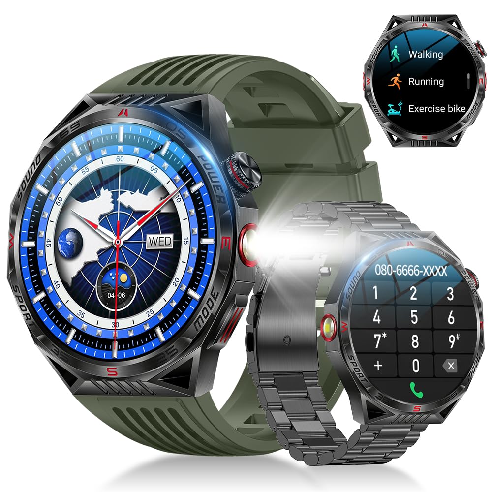 楽天湖南オンライン2025年新モデル スマートウォッチ Bluetooth通話 軍用規格 耐衝撃 1.85インチ超大画面 2本バンド付き APP通知 300＋文字盤 100＋運動モード 450mAh長持ちバッテリー IP68防水 iPhone/アンドロイド対応 日本語説明書