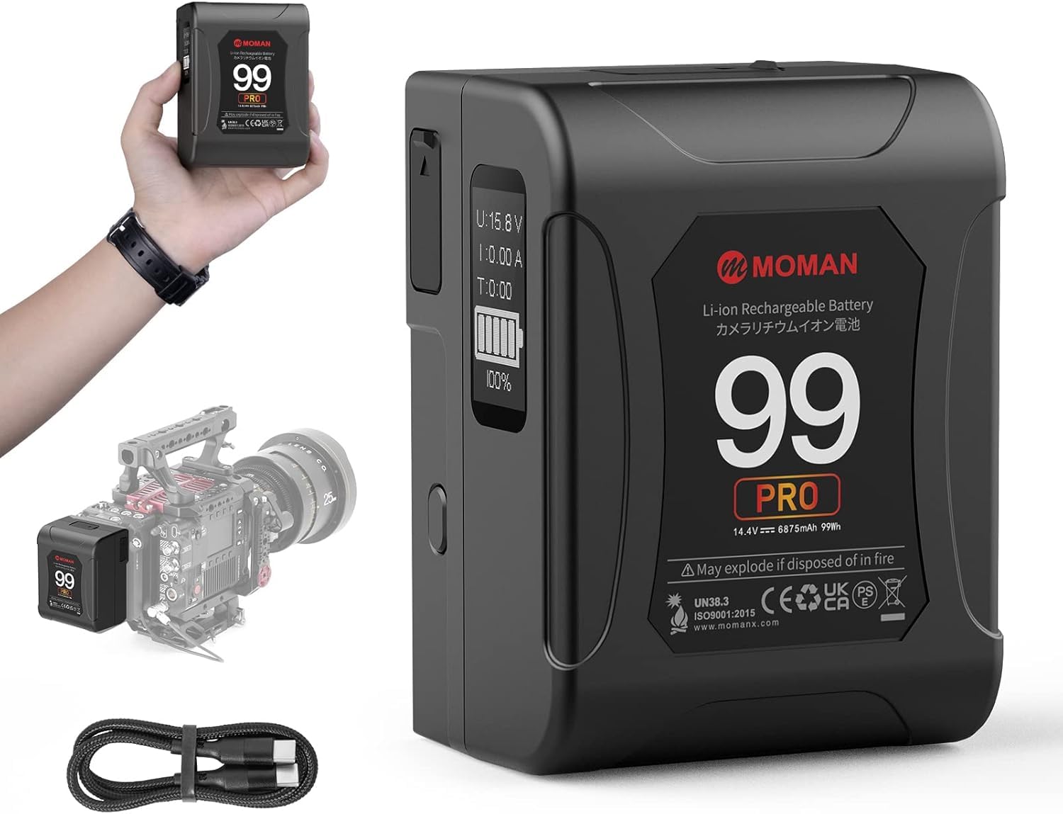 Vマウントバッテリー, 99Wh/6875mAh Moman(モーマン) Power 99 Pro 14.4V D-TAP/USB-C/A出力付き 200W/15A ディスプレイ付き 電池残量可視化 カメラ BMPCC 4k/6K モニター スタジオライト