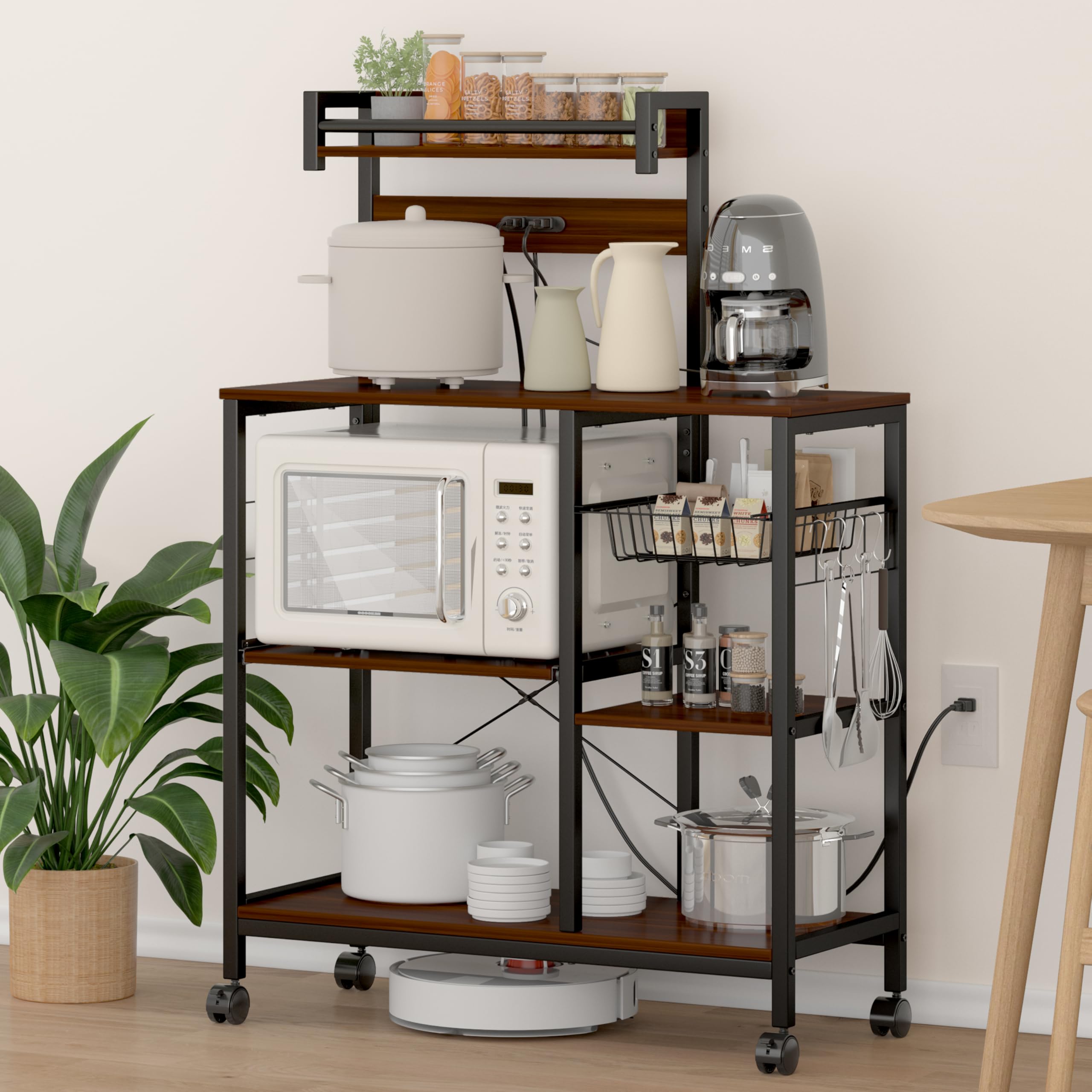 LunarLight キッチンベイカーラック 幅90奥行39高さ133.5cm キッチンラック レンジラック オープンラック プリンタ台 2口コンセント付き レールでスライド式棚板 耐荷重100kg レンジ炊飯器など対応 Sフック ストッパーキャスターとア