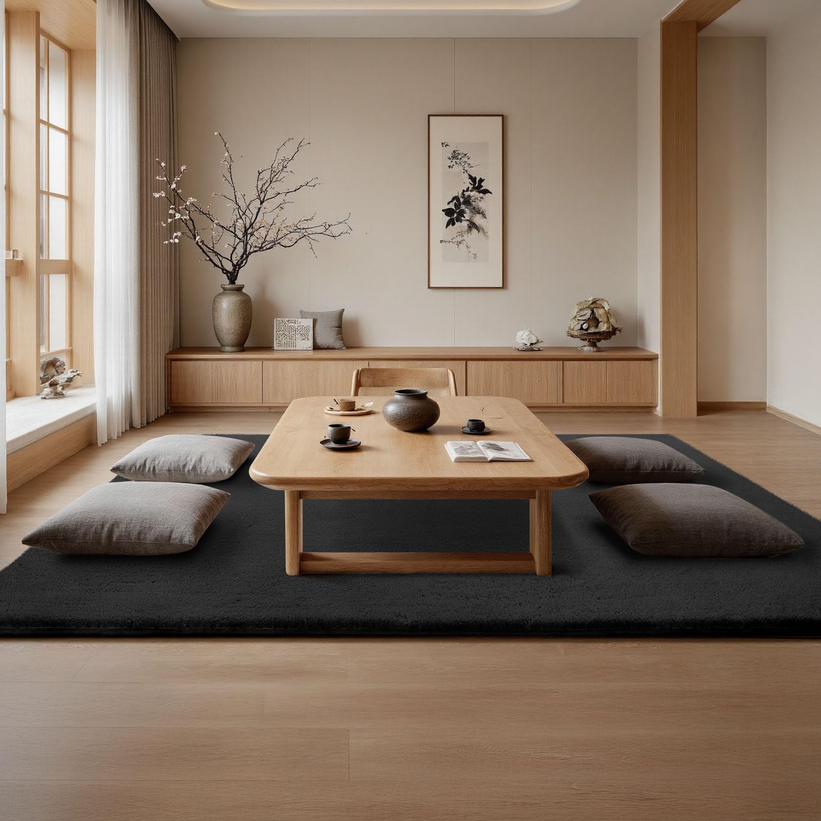 ラグマット カーペット 240x300cm 全厚約2cm 滑り止め付 洗えるラグ 抗菌 ふわっと手触り 防音絨毯 オールシーズ おしゃれな北欧風シャギーラグ 極厚ウレタンフォーム10mm 寝室、リビングルーム用のふわふわラグ、ブラック