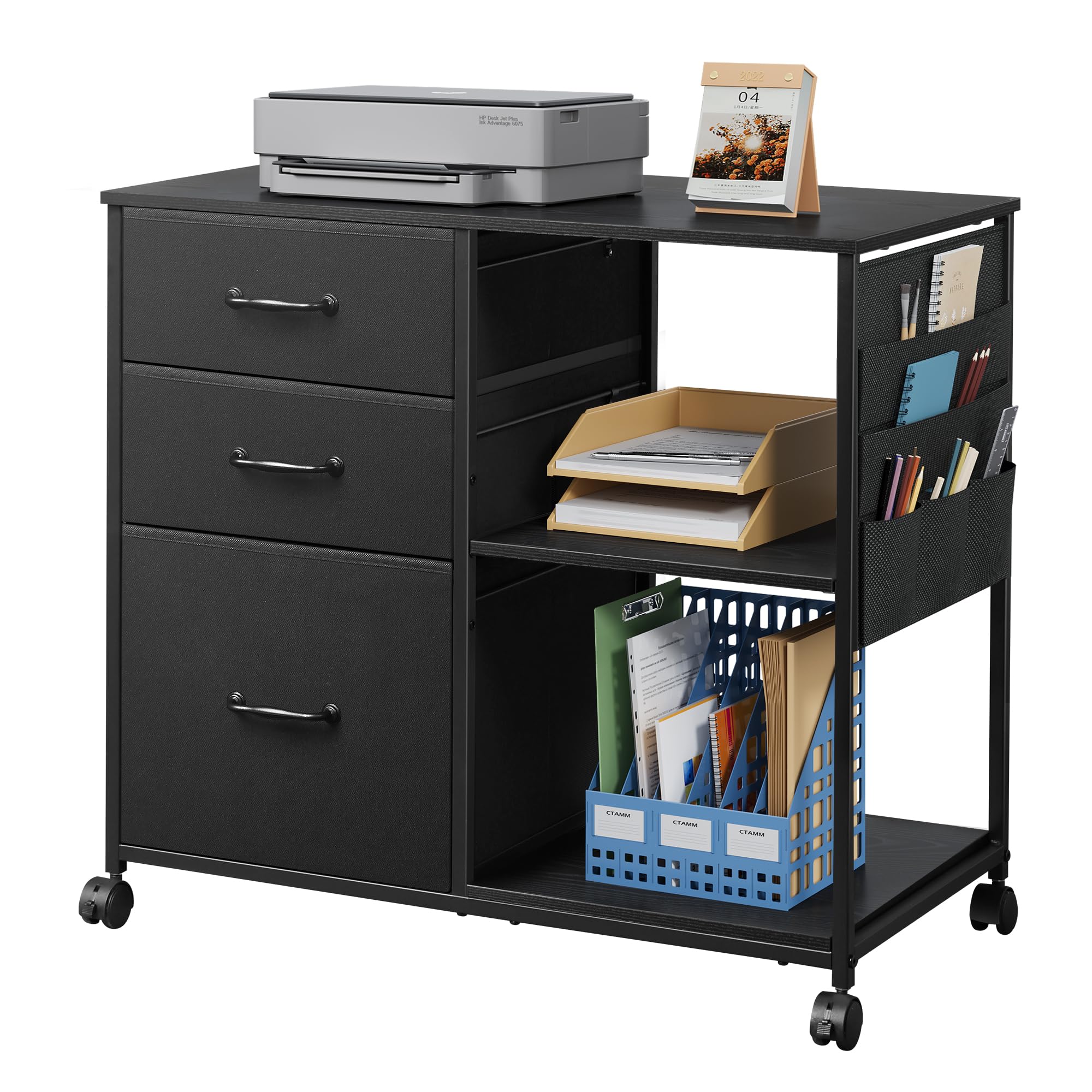 DEVAISE デスクワゴン キャビネット 収納 布製 ファブリック 三段三杯 キャスター付き 引き出し付き サイドポケット付き サイドワゴン サイドデスク サイドチェスト ファイルワゴン 袖机 プリンター台 A4ファイル対応 移動便利 ブラック