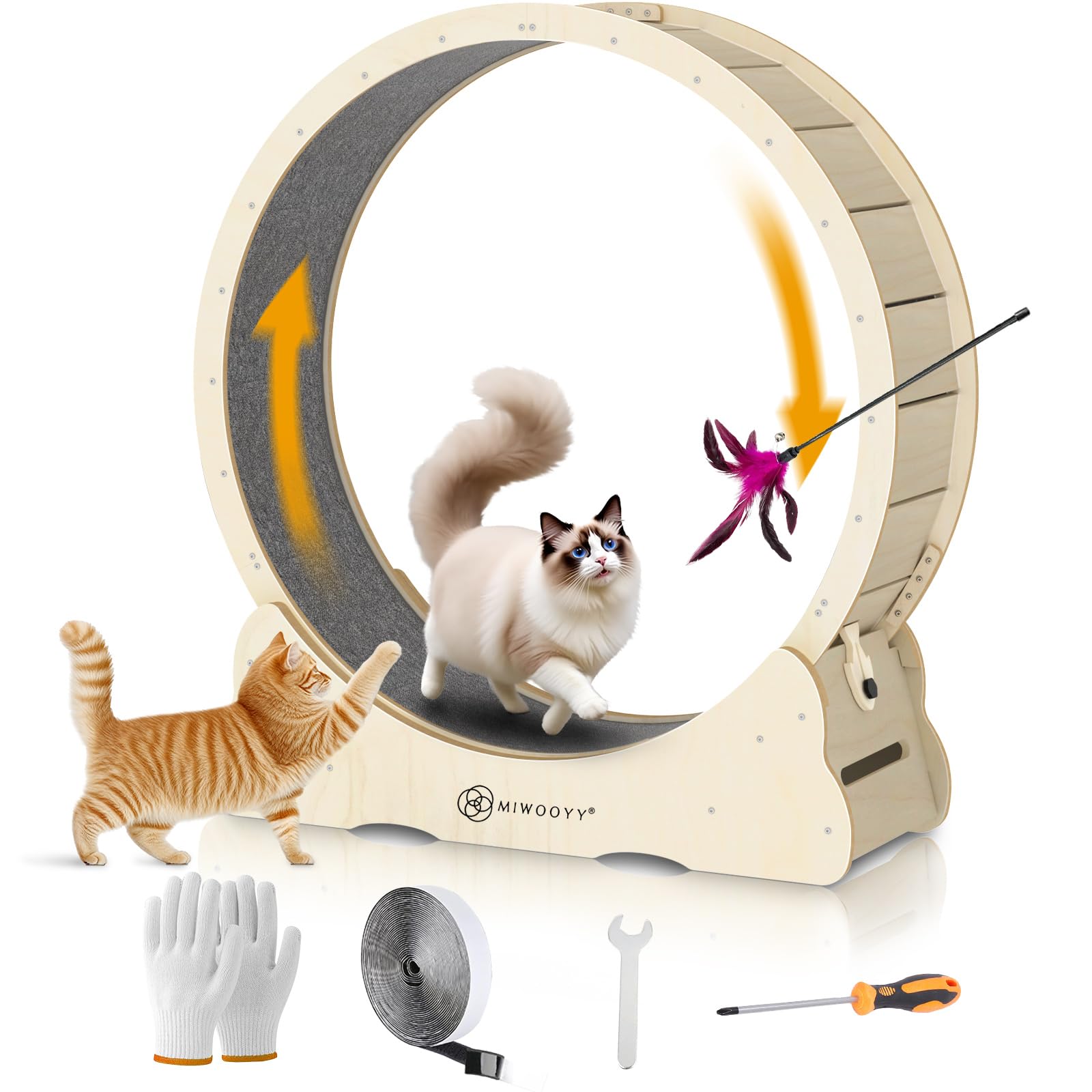 MIWOOYY キャットホイール 大型猫 回し車 132cm - 屋内猫猫用の天然無垢材の猫ルームランナー、ロック..
