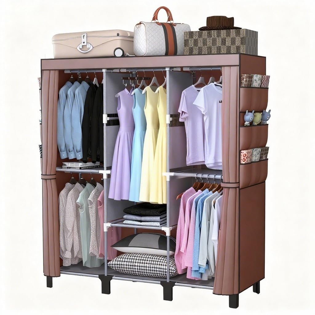 衣装庫、ジッパー付きポータブル衣装庫。ポータブル衣装庫は衣服を吊るすために使用し、4 本の吊り棒と収納キャビネットを備え、広く大容量の収納スペースを有しています簡易クローゼット、は幅170 cm、奥行き45 cm、高さ172 cmで (Coffee, 大サ