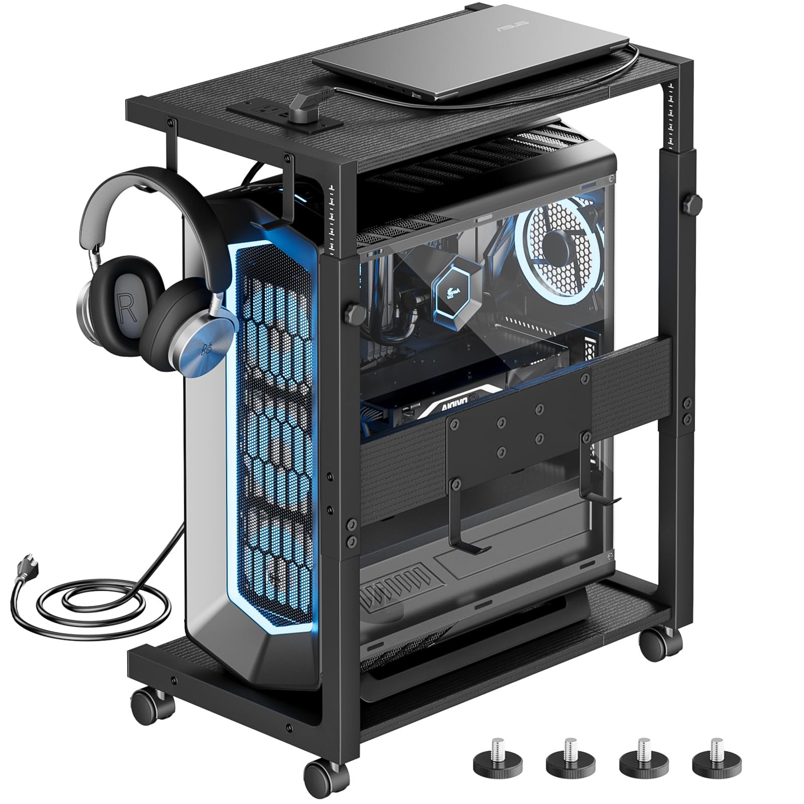 PC収納ボックス サーバーラック 360°キャスター付き CPUスタンドカート昇降式パソコンワゴン 充電ステ..