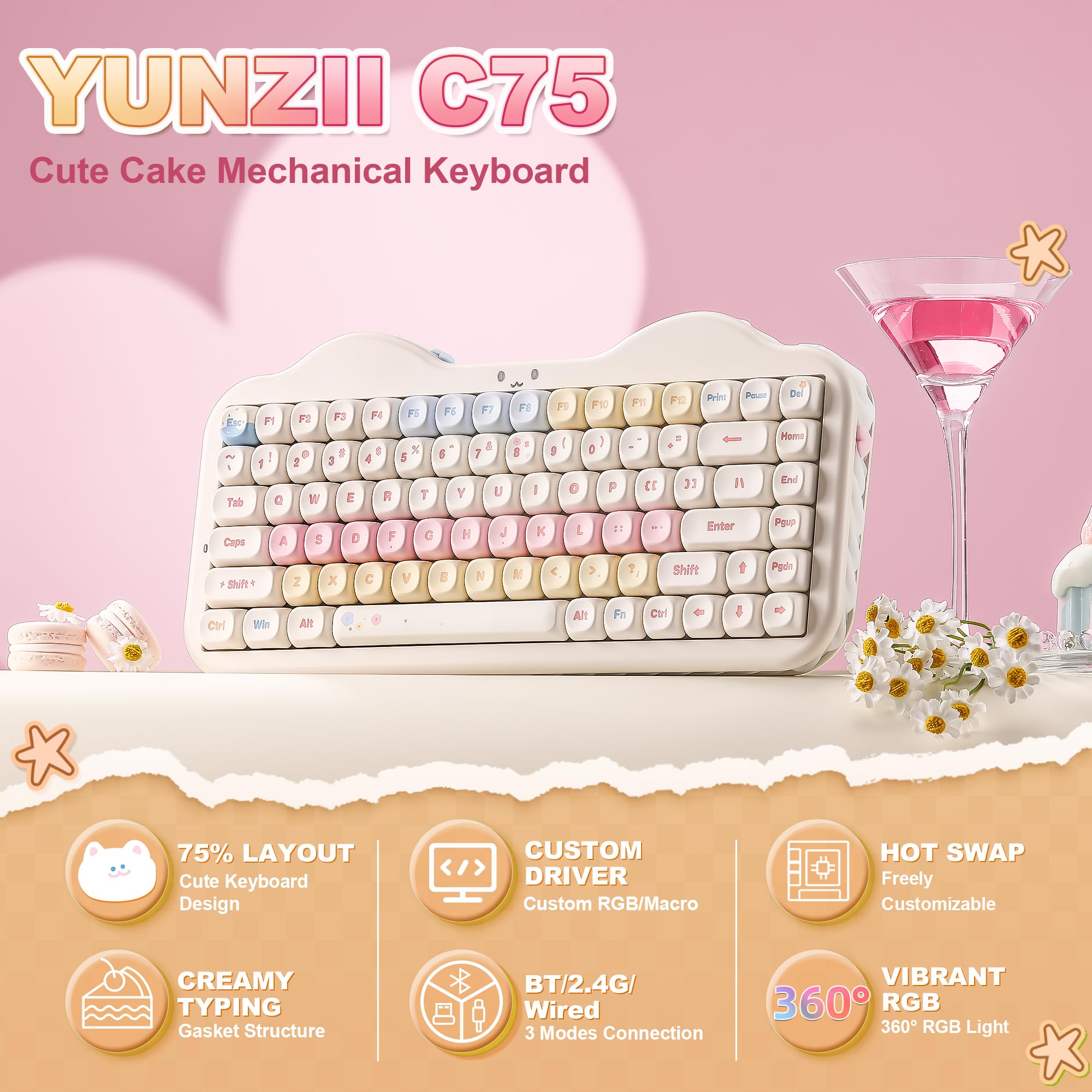 YUNZII C75 ワイヤレス メカニカルキーボード 75%レイアウト ホットスワップ対応 クリーミーキーボード NKRO PBT MOA キーキャップ RGBバックライト ガスケットマウント 可愛いケーキデザイン BT5.0/2.4G/USB-C Wi