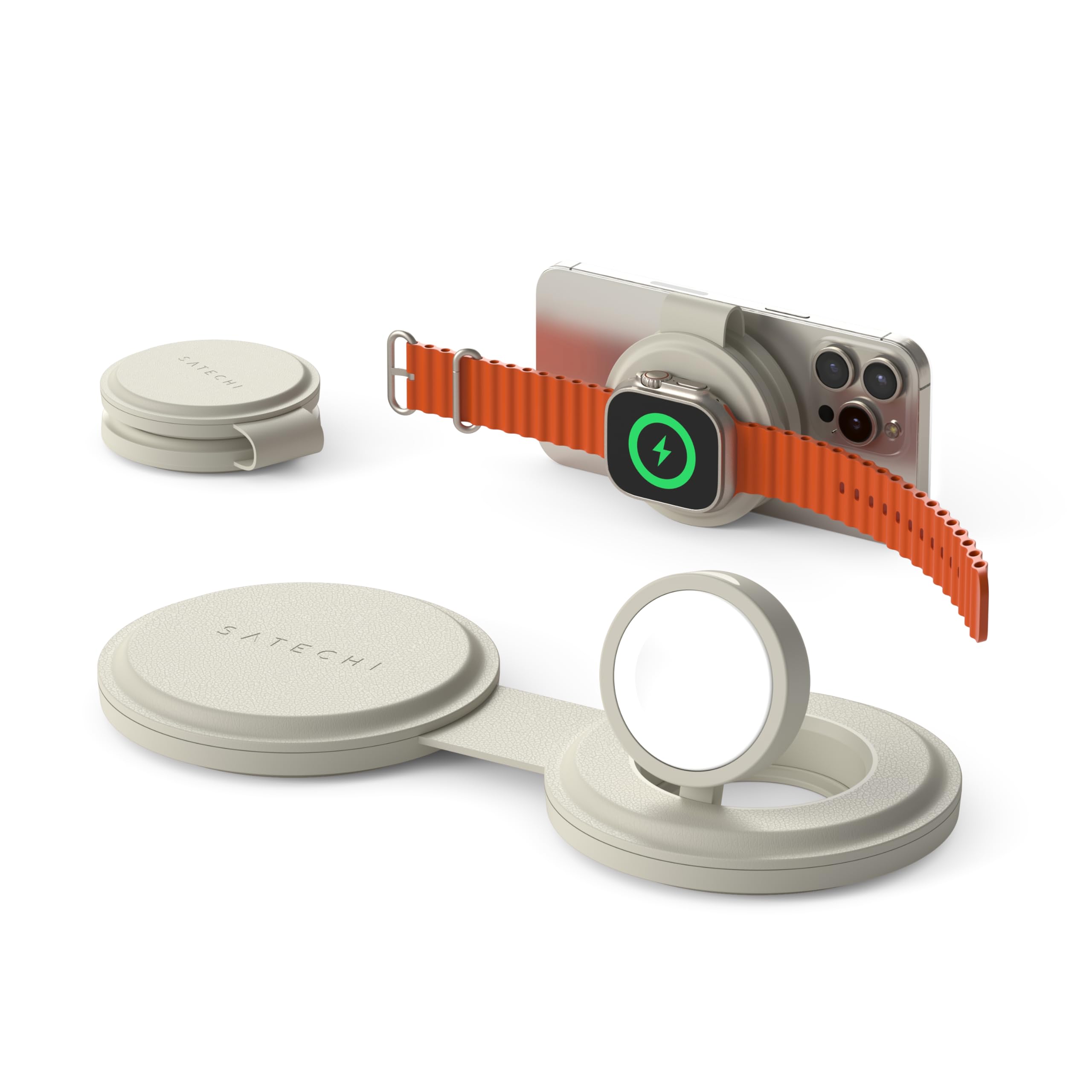 SATECHI OntheGo™ 2 in 1 ワイヤレス充電器 Qi2 ポータブル 3台同時 充電器 1mケーブル付 iPhone 17 12 シリーズ用 15W 急速充電 Apple Watch 用 5W AirPods 用 5W マグネット式トラベル